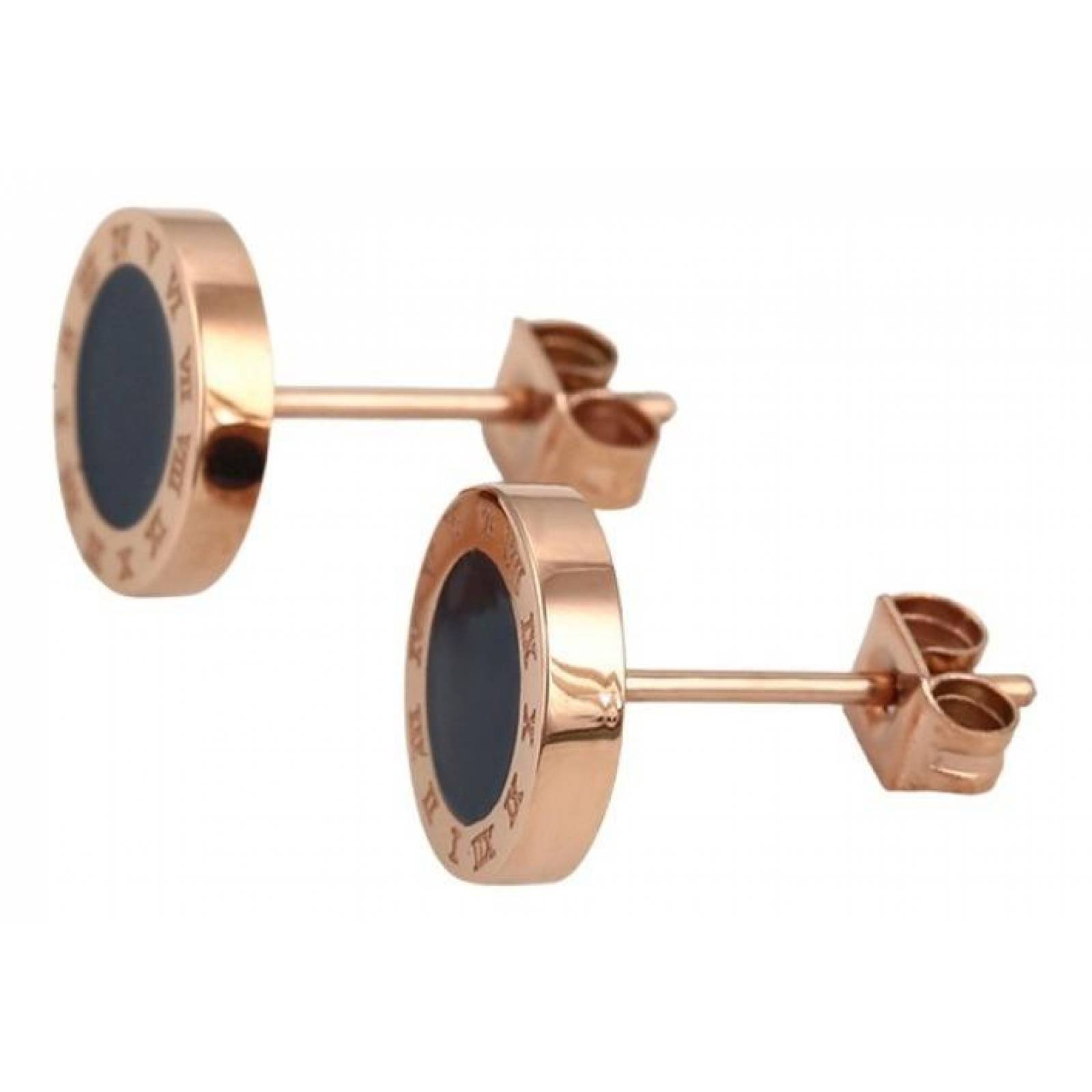 CRISTAL AMOR - Clasico Collar Y Aretes Numeros Romanos Oro 14k Laminado Rosa/Negro