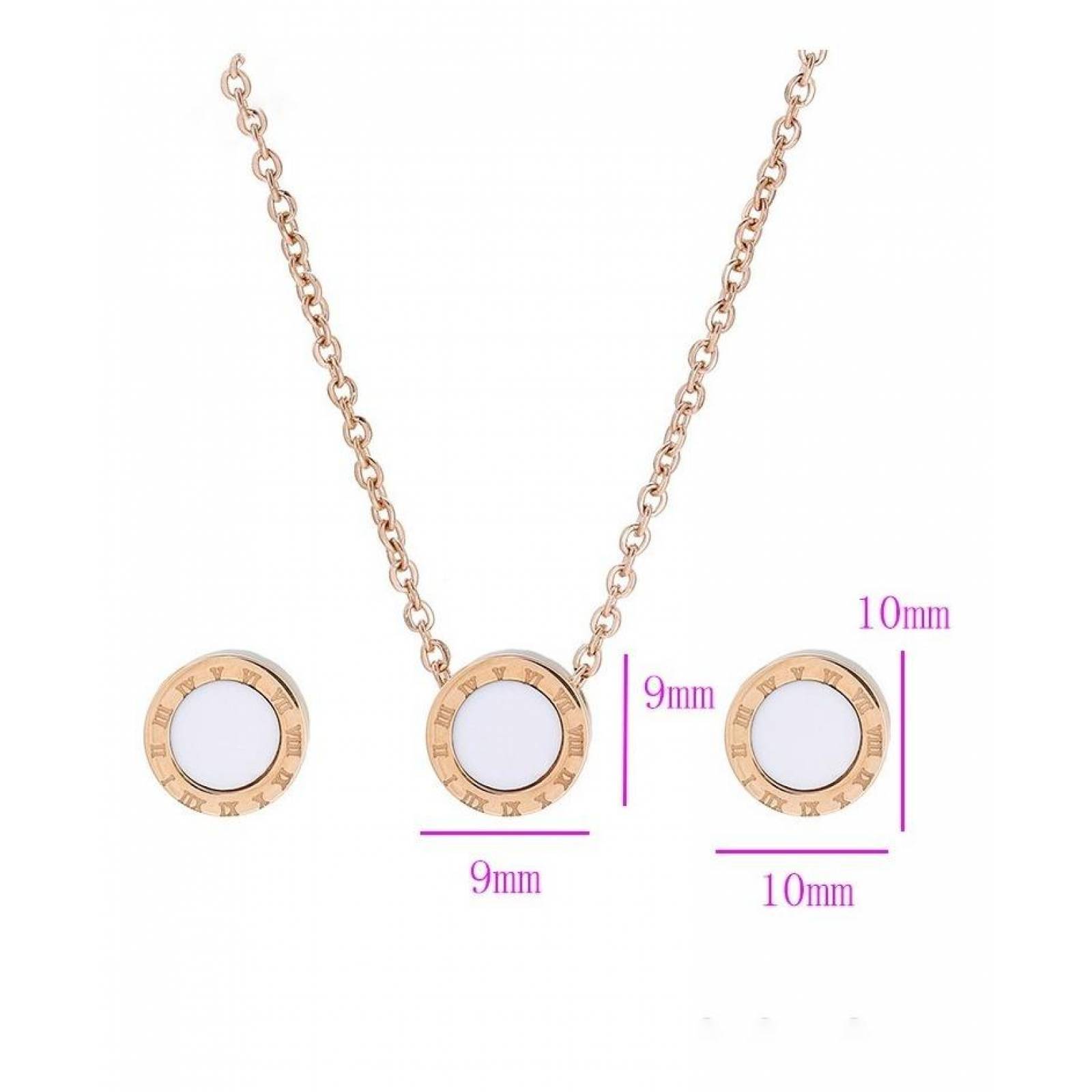 CRISTAL AMOR - Clasico Collar Y Aretes Numeros Romanos Oro 14k Laminado Rosa/Blanco