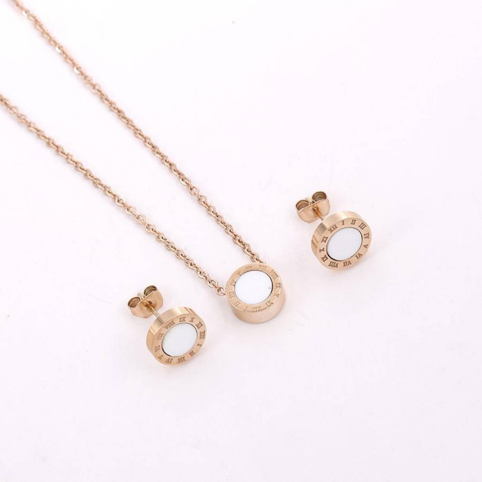 CRISTAL AMOR - Clasico Collar Y Aretes Numeros Romanos Oro 14k Laminado Rosa/Blanco
