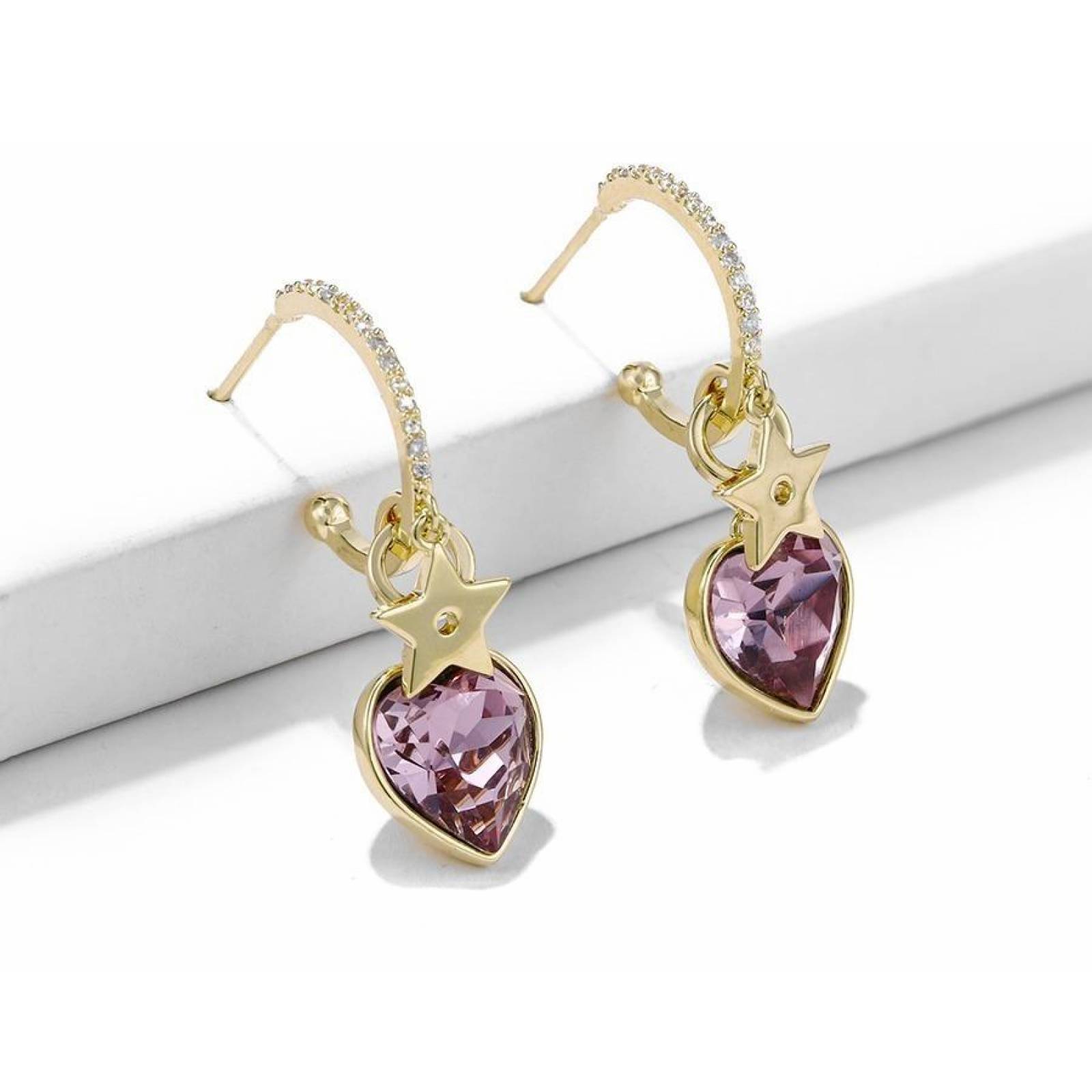 CRISTAL AMOR - Aretes Estrella Corazon Cristal Largos Dispar Oro 14k  Laminado