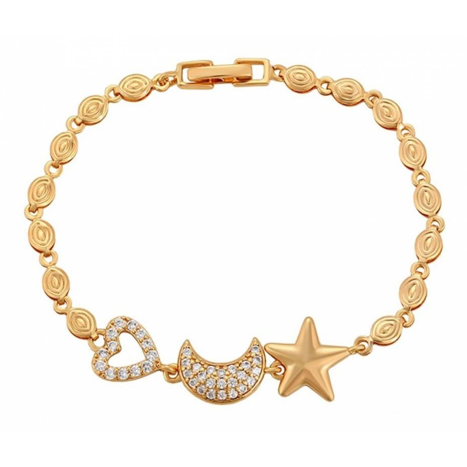 CRISTAL AMOR - Pulsera Corazon Y Luna Cristal Dama Oro 14k Laminado 