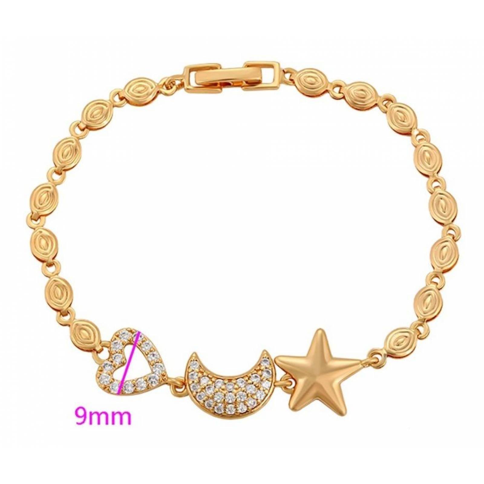 CRISTAL AMOR - Pulsera Corazon Y Luna Cristal Dama Oro 14k Laminado 