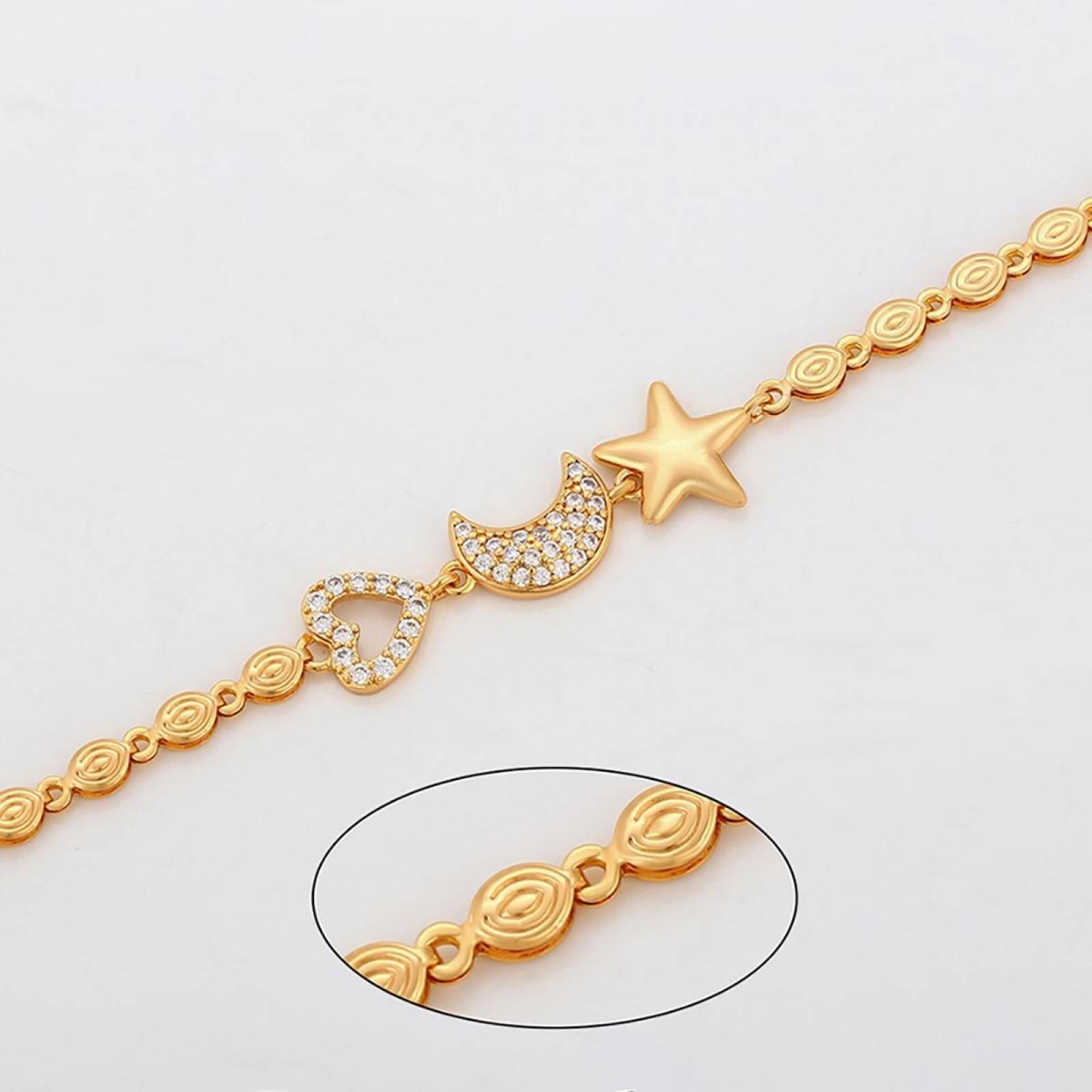 CRISTAL AMOR - Pulsera Corazon Y Luna Cristal Dama Oro 14k Laminado 
