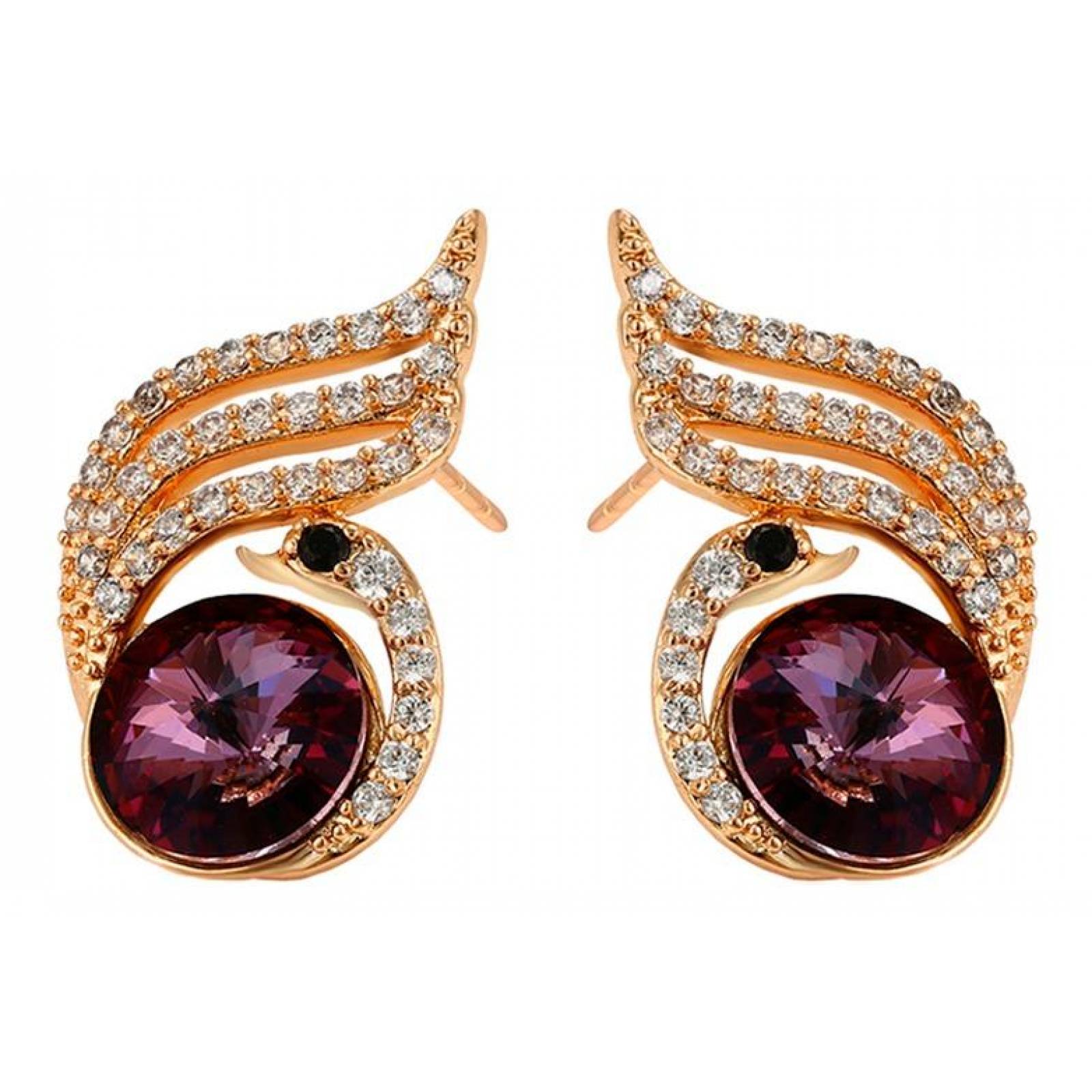 CRISTAL AMOR - Aretes Broquel Para Dama Cisne Cristal Oro 18k Laminado Amatista