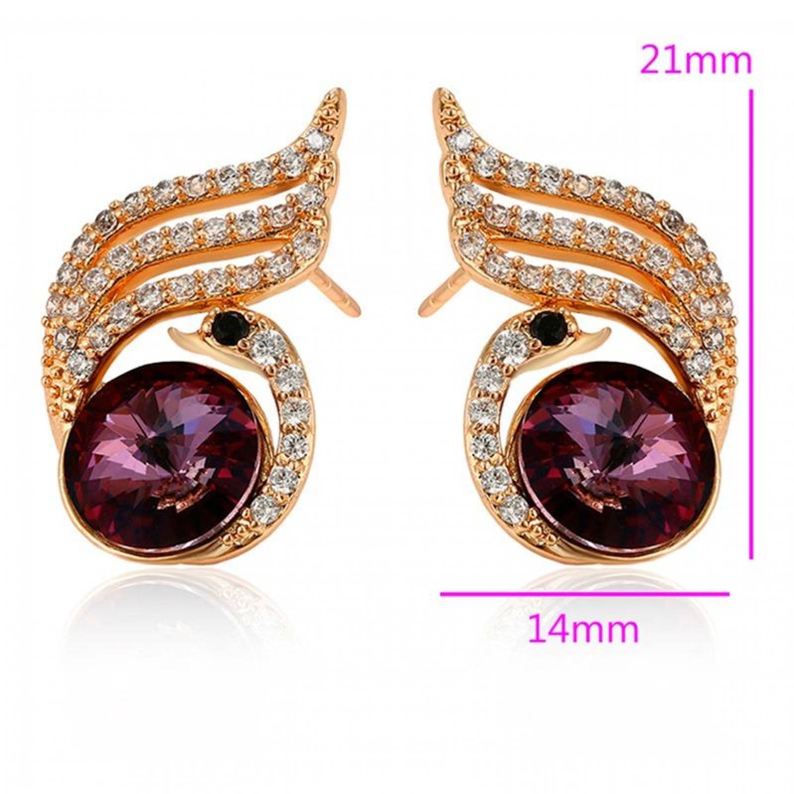 CRISTAL AMOR - Aretes Broquel Para Dama Cisne Cristal Oro 18k Laminado Amatista