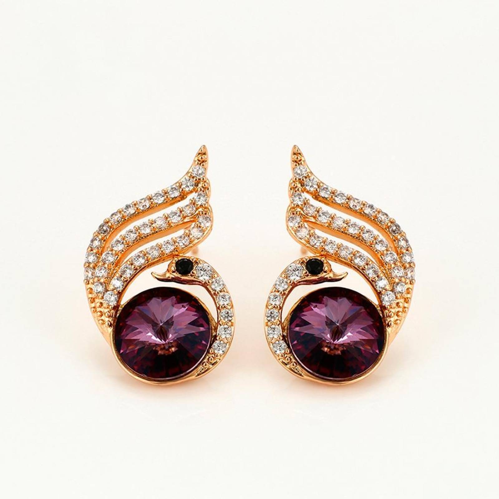 CRISTAL AMOR - Aretes Broquel Para Dama Cisne Cristal Oro 18k Laminado Amatista