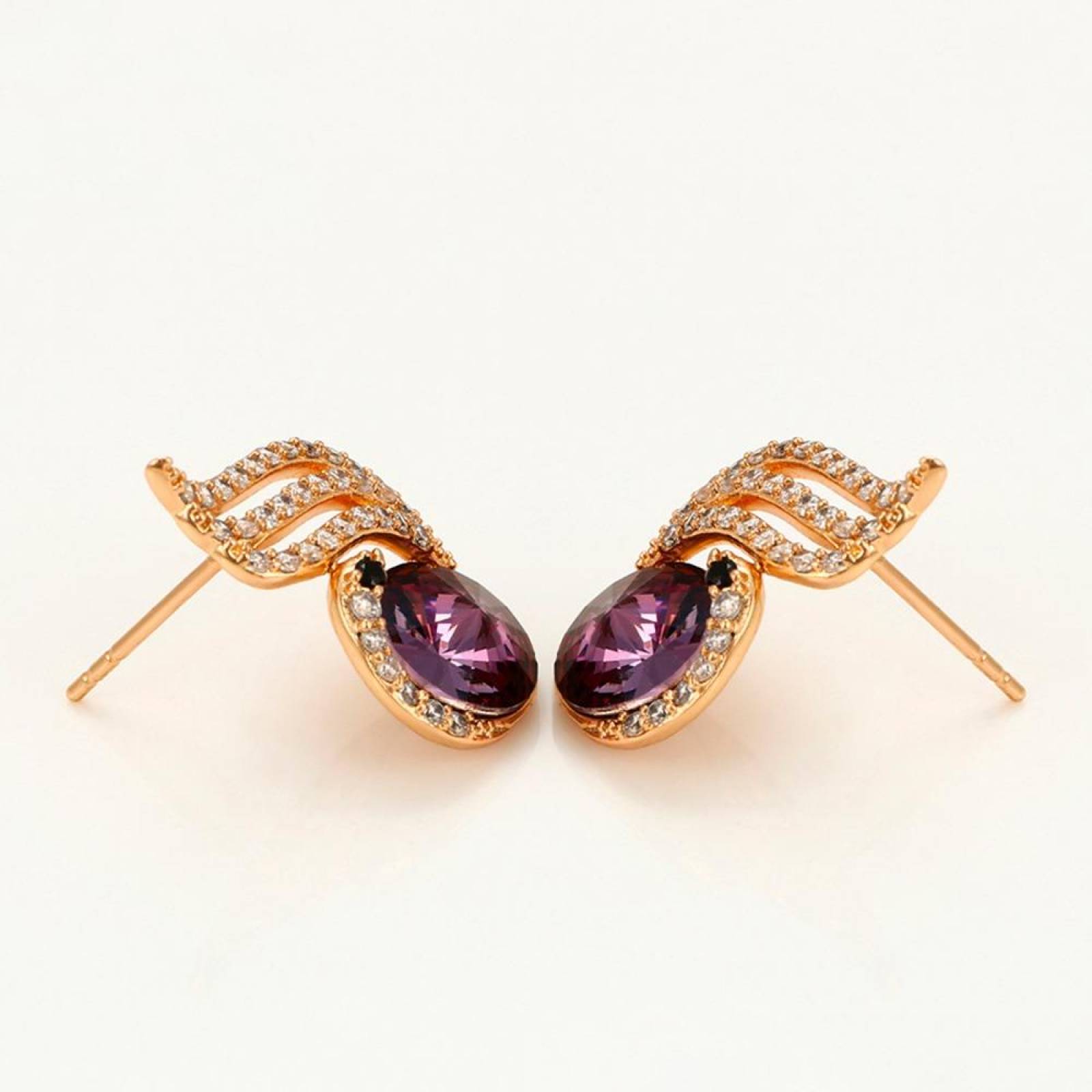 CRISTAL AMOR - Aretes Broquel Para Dama Cisne Cristal Oro 18k Laminado Amatista