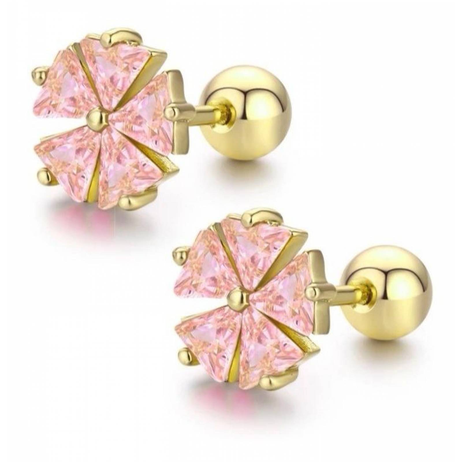 CRISTAL AMOR - Aretes Broqueles Flor Swarovski Oro 14k Lam Bolita Bebe Niña Rosa