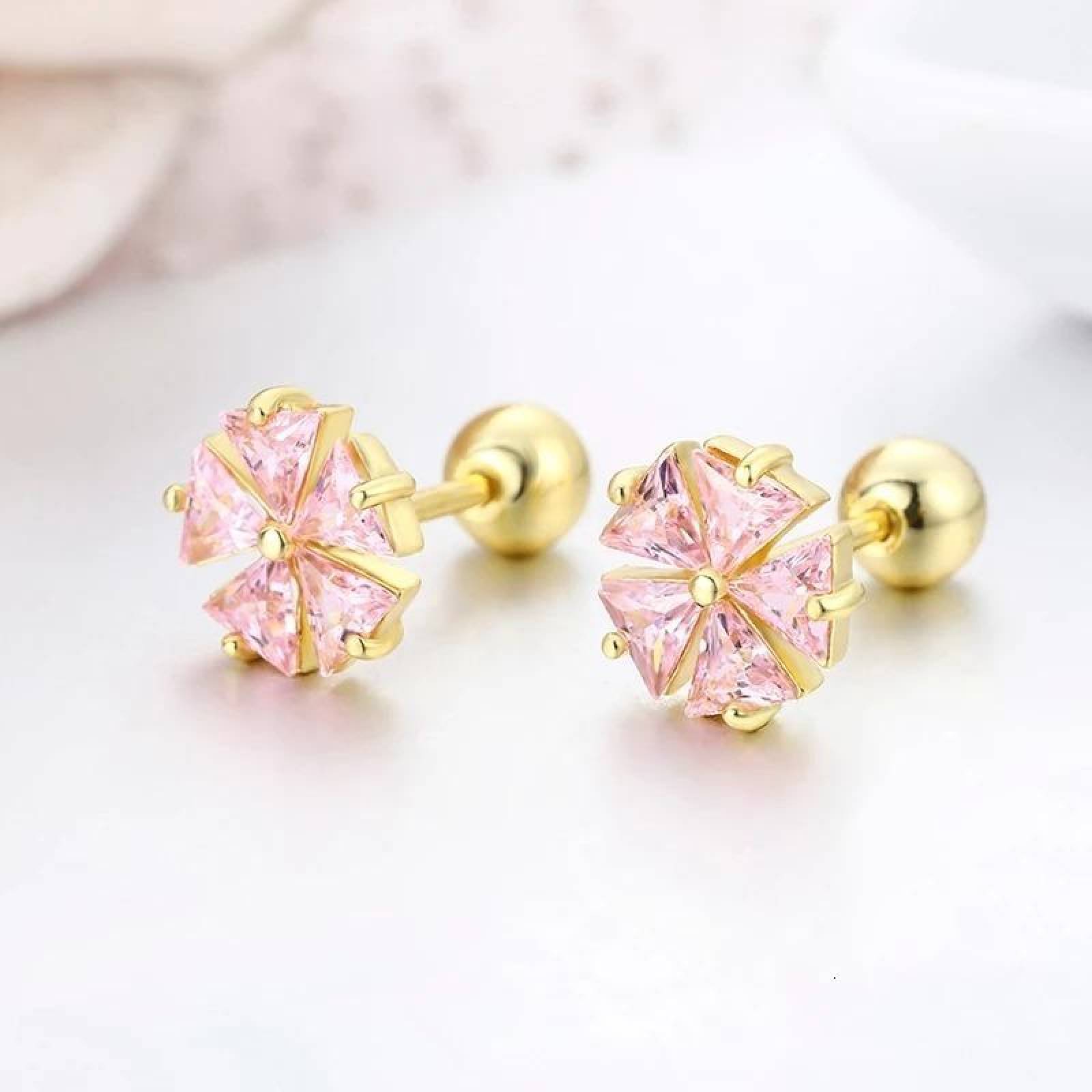 CRISTAL AMOR - Aretes Broqueles Flor Swarovski Oro 14k Lam Bolita Bebe Niña Rosa