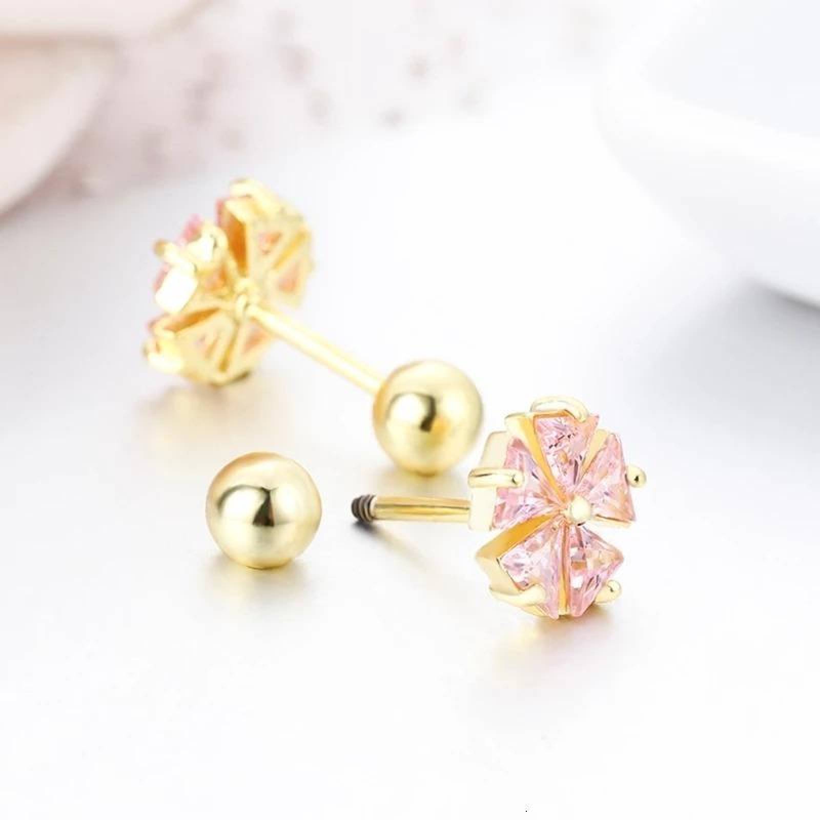 CRISTAL AMOR - Aretes Broqueles Flor Swarovski Oro 14k Lam Bolita Bebe Niña Rosa