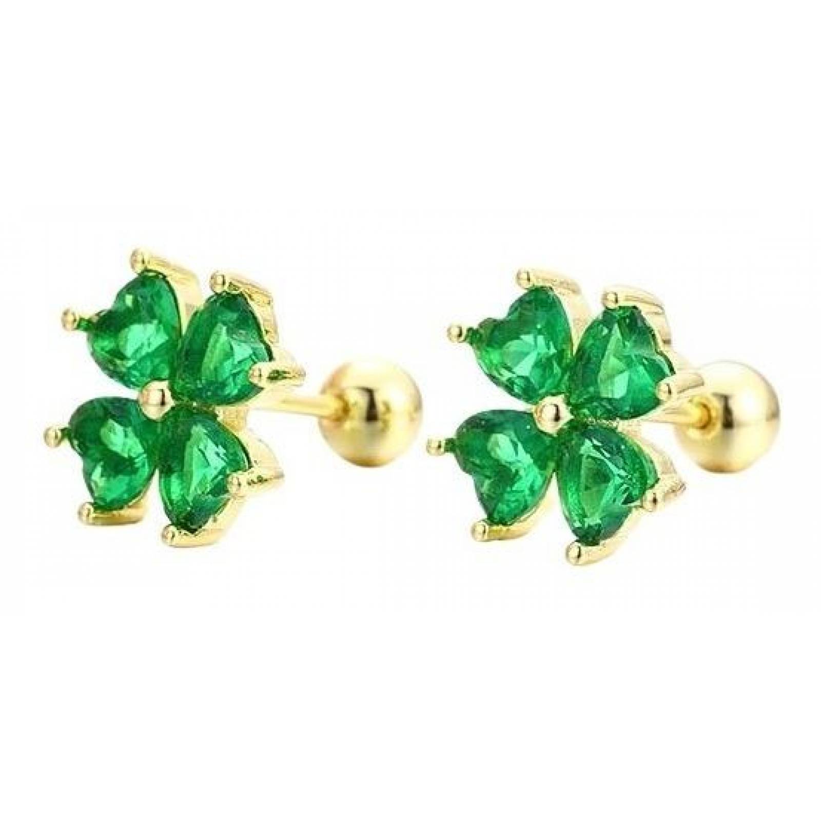 CRISTAL AMOR - Aretes Broqueles Flor Swarovski Oro 14k Lam Bolita Niña Bebe Verde