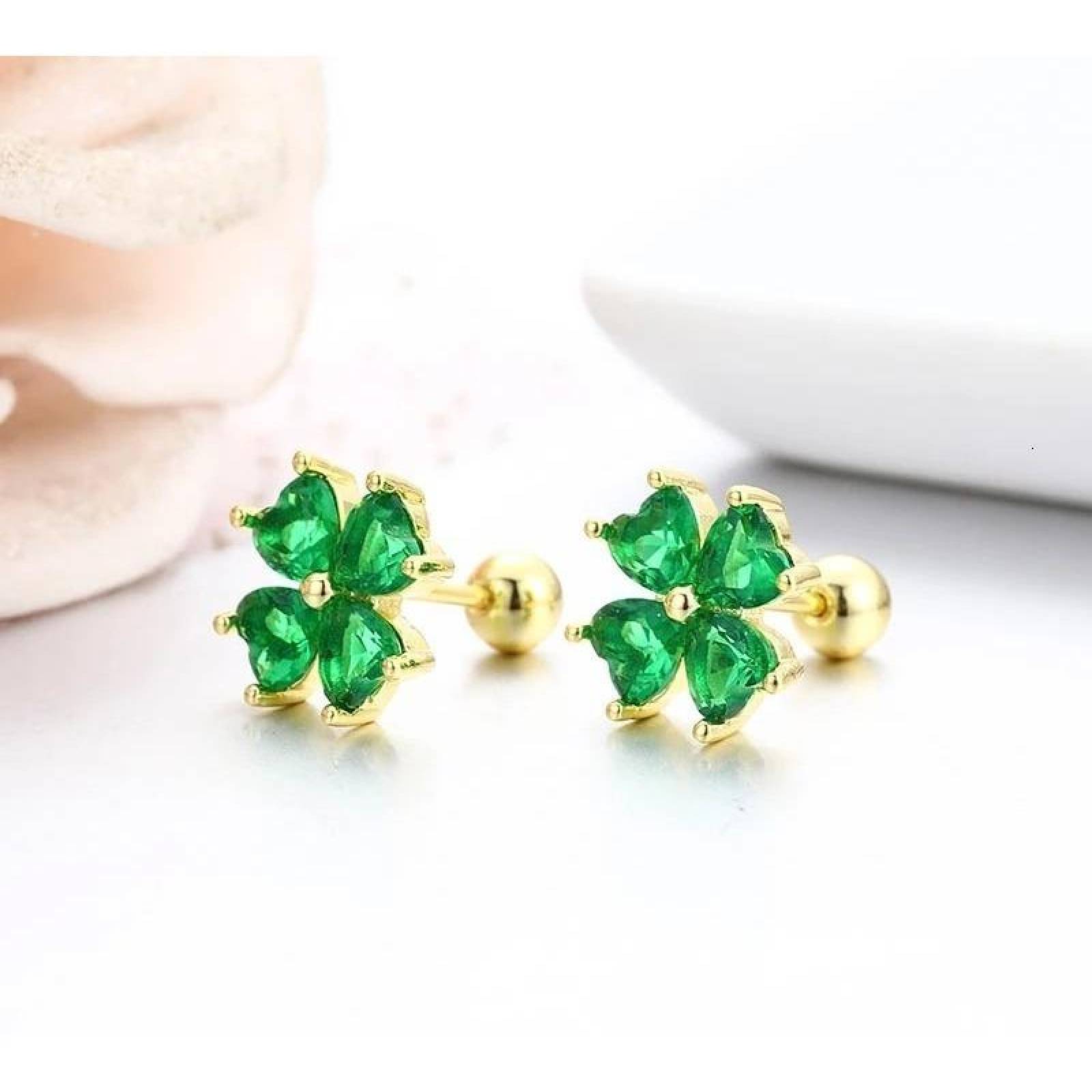 CRISTAL AMOR - Aretes Broqueles Flor Swarovski Oro 14k Lam Bolita Niña Bebe Verde