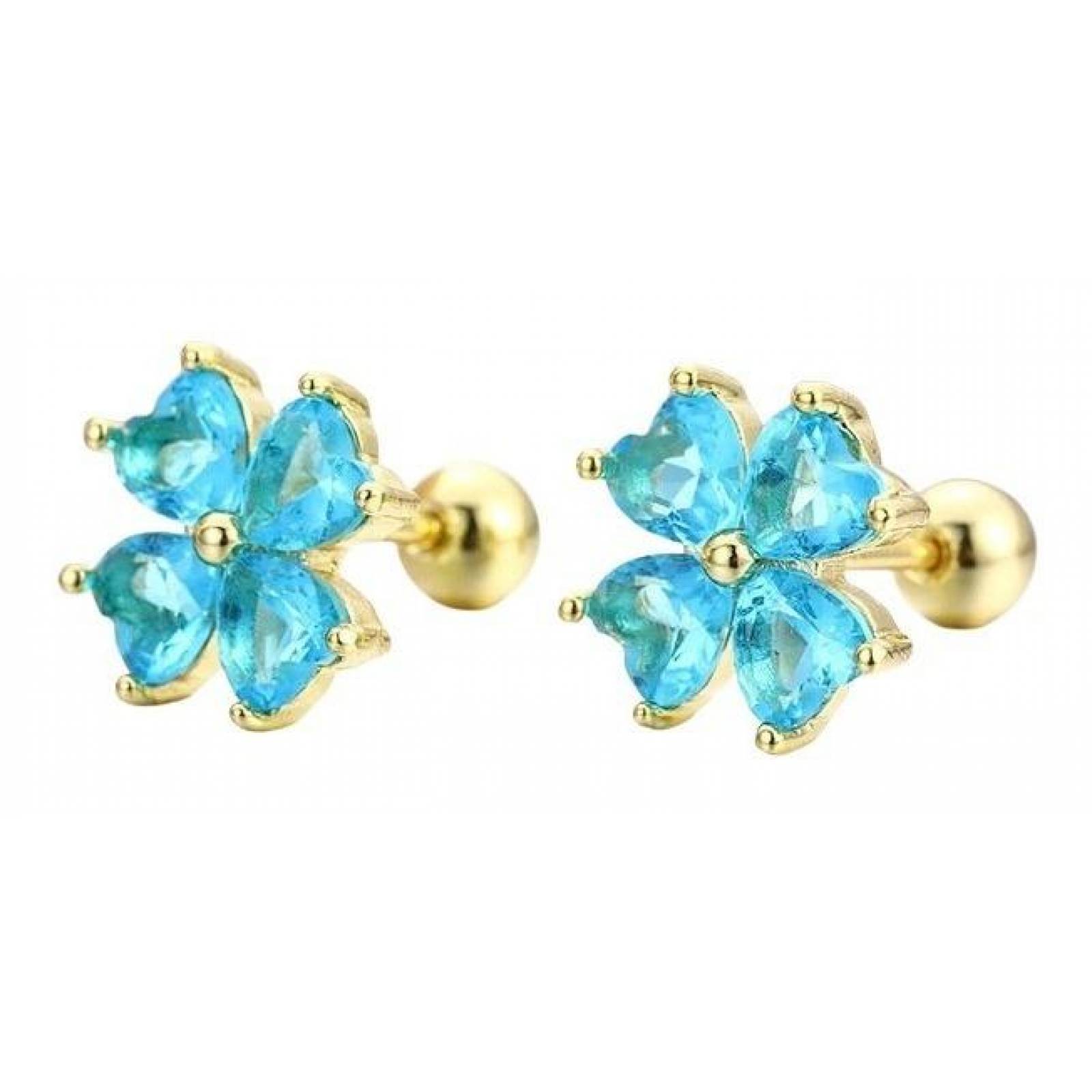 CRISTAL AMOR - Aretes Broqueles Flor Swarovski Oro 14k Lam Bolita Niña Bebe Azul