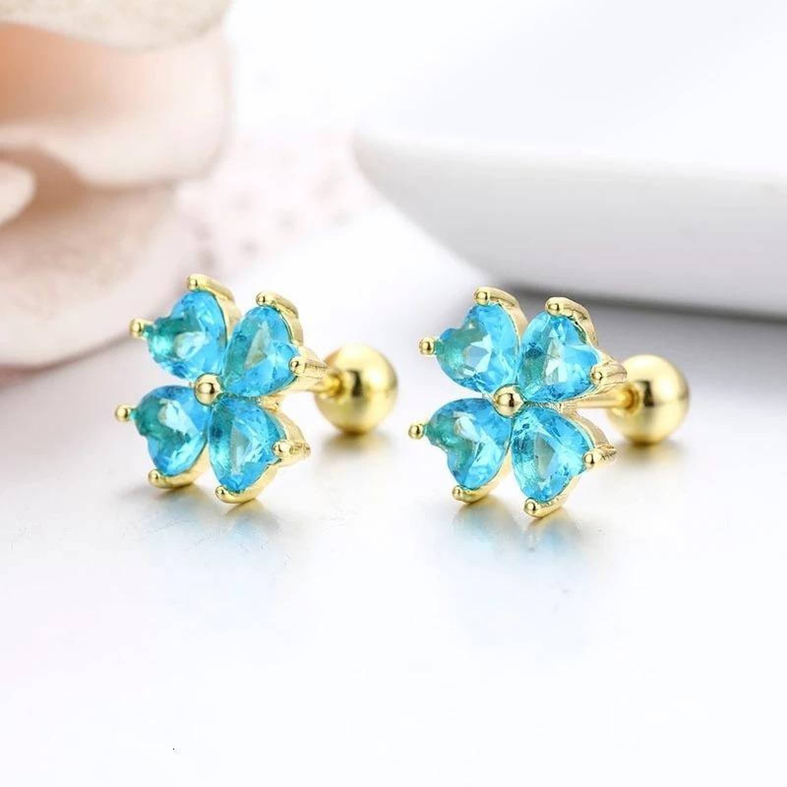 CRISTAL AMOR - Aretes Broqueles Flor Swarovski Oro 14k Lam Bolita Niña Bebe Azul