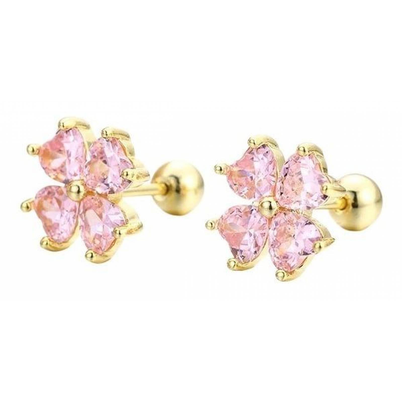 CRISTAL AMOR - Aretes Broqueles Flor Swarovski Oro 14k Lam Bolita Niña Bebe Rosa