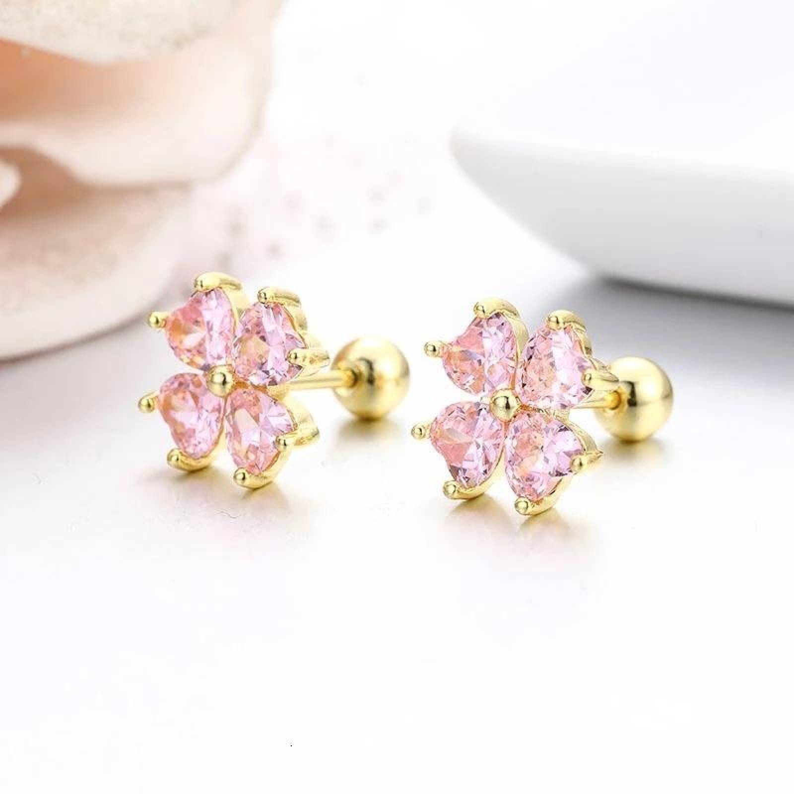 CRISTAL AMOR - Aretes Broqueles Flor Swarovski Oro 14k Lam Bolita Niña Bebe Rosa
