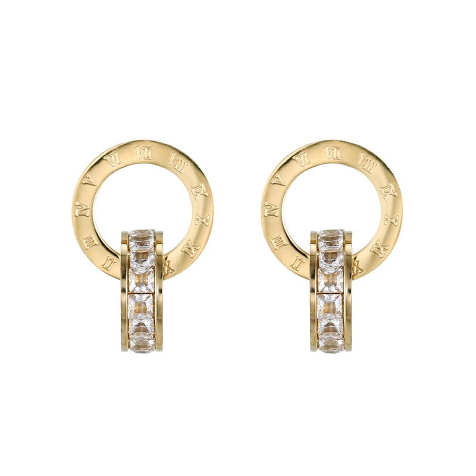 CRISTAL AMOR - Aretes Colgantes Numeros Romanos Cristales Austriacos Oro 14K Laminado 