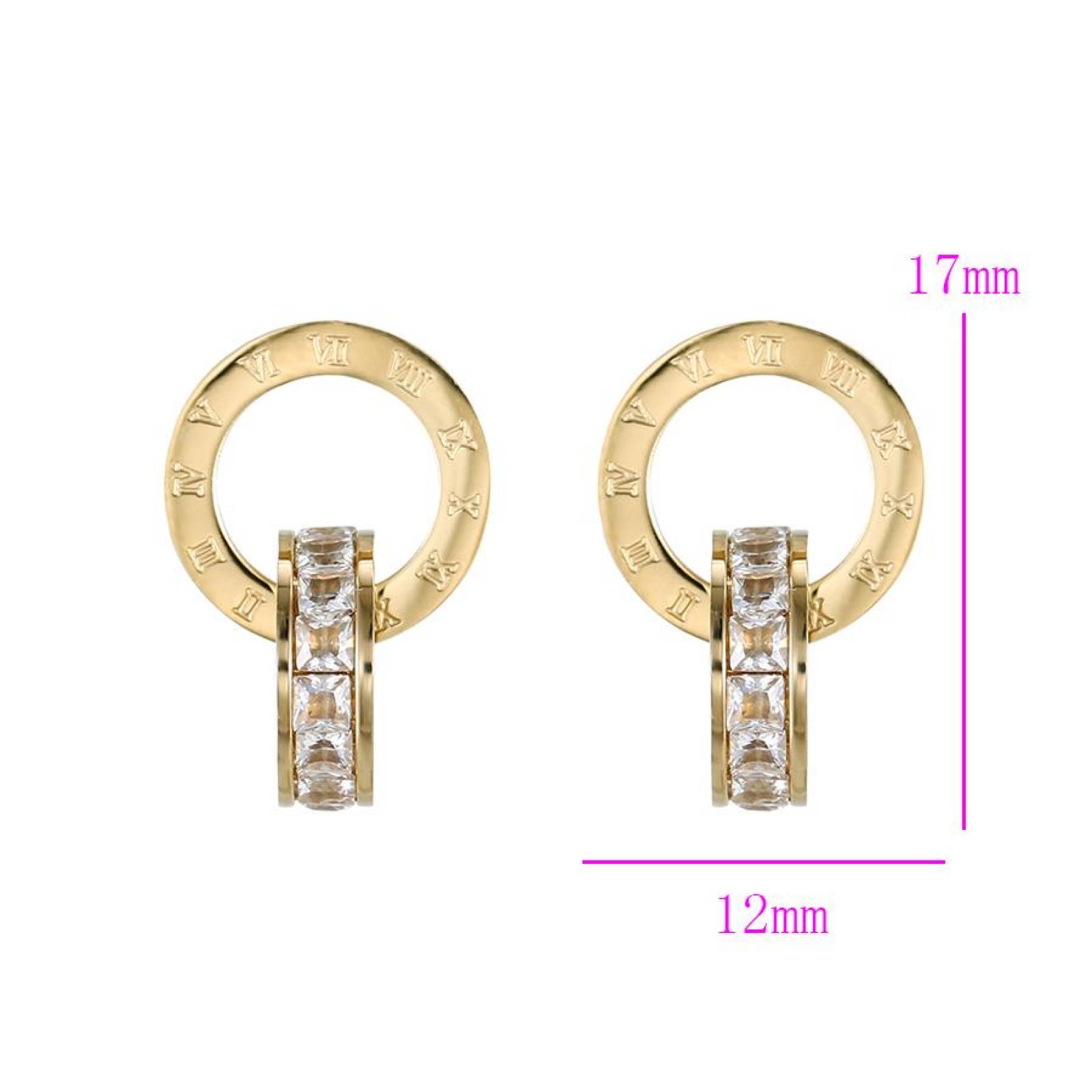CRISTAL AMOR - Aretes Colgantes Numeros Romanos Cristales Austriacos Oro 14K Laminado 