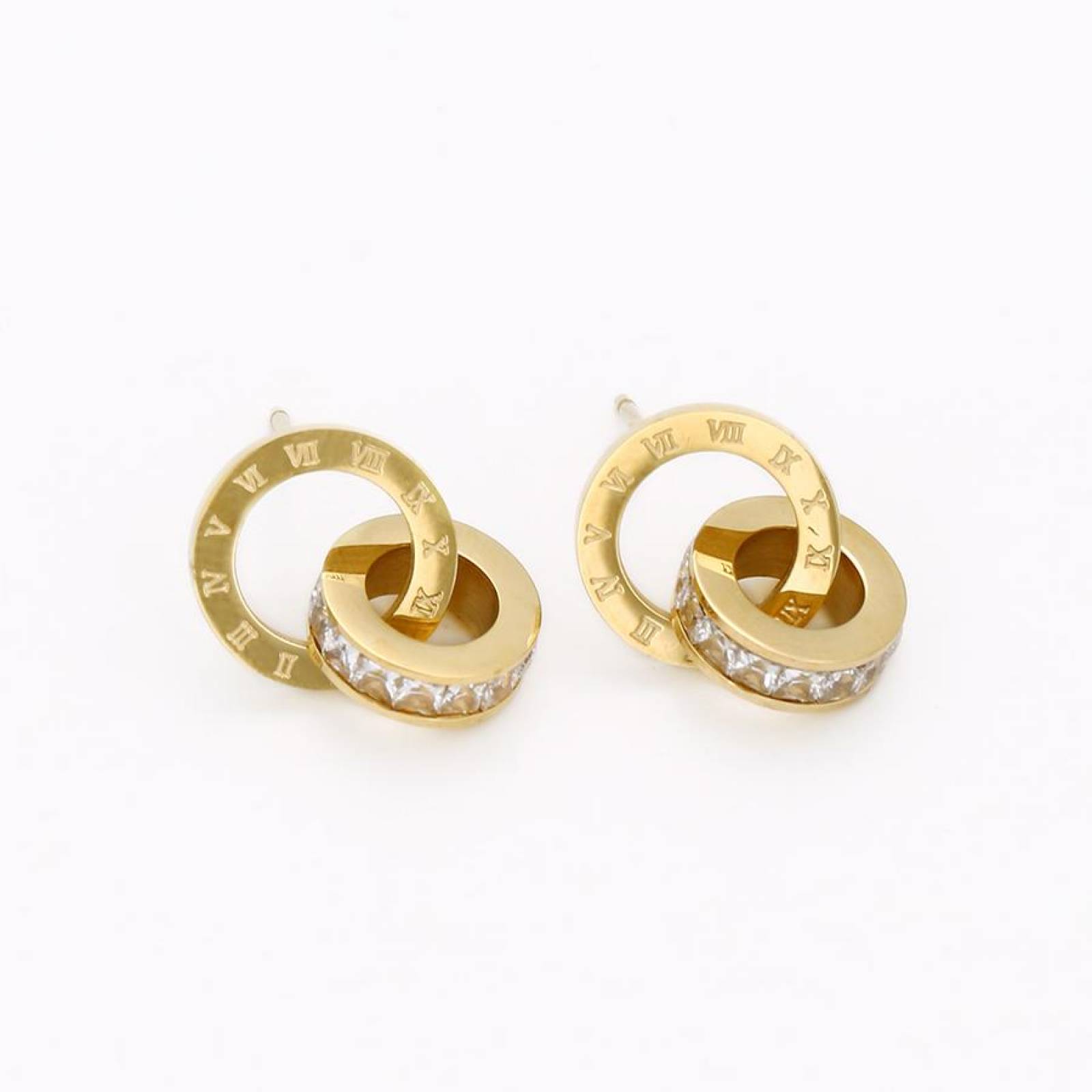 CRISTAL AMOR - Aretes Colgantes Numeros Romanos Cristales Austriacos Oro 14K Laminado 