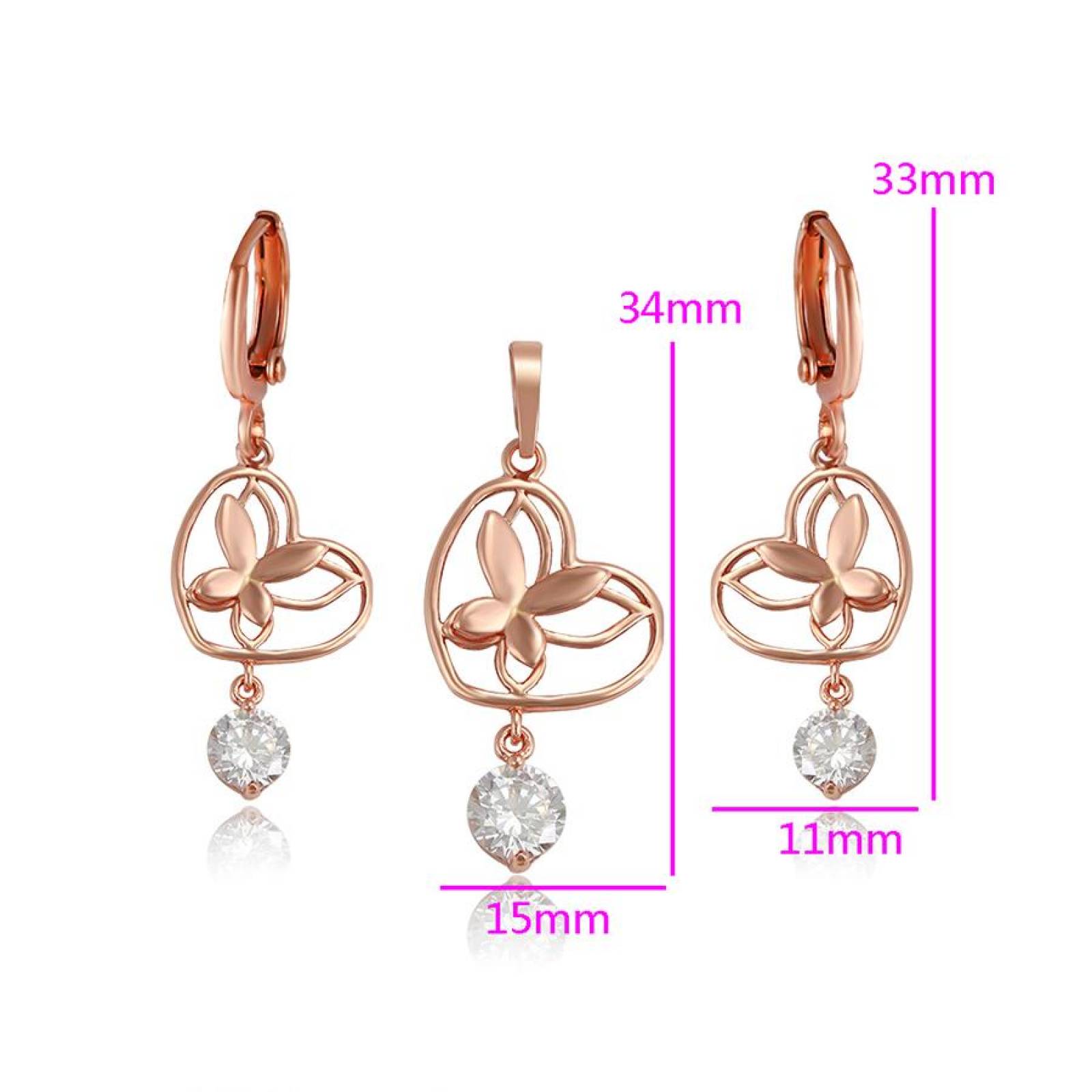 CRISTAL AMOR - Cadena, Dije y Aretes Corazón Mariposa Swarovski Oro 14K Laminado