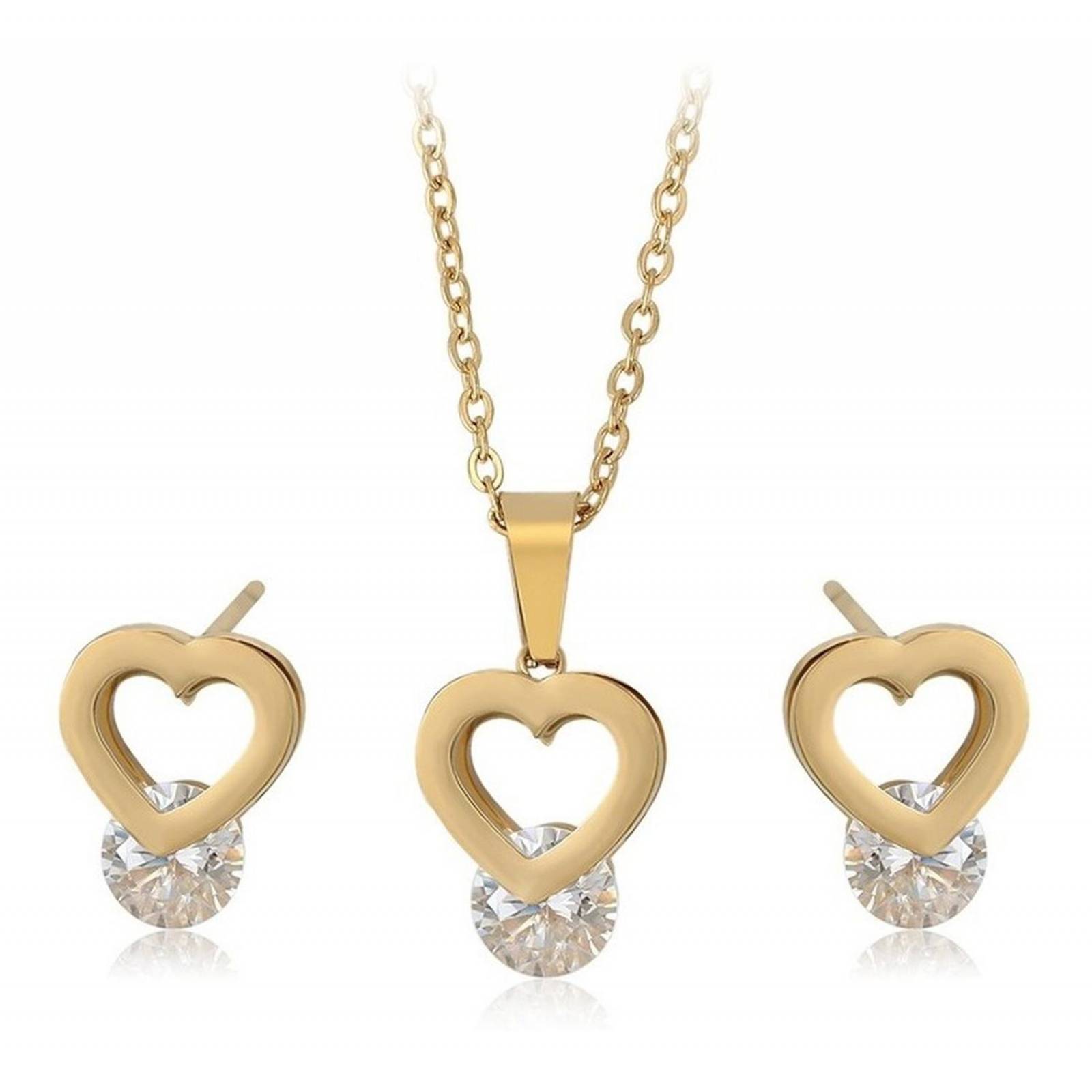 CRISTAL AMOR - Collar Y Aretes Corazón Cristal Oro 14k Laminado Dorado