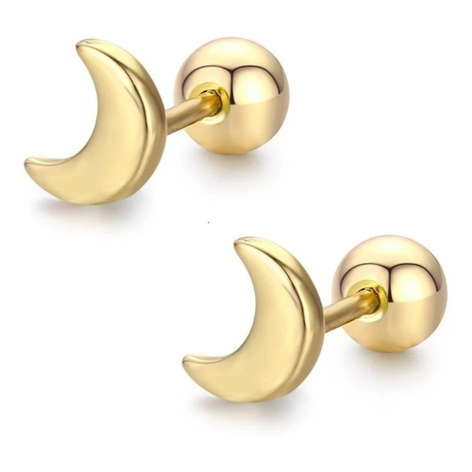 CRISTAL AMOR - Finos Aretes Broquel Luna Oro 14k Lam Bolita Niña Adulto Dorado