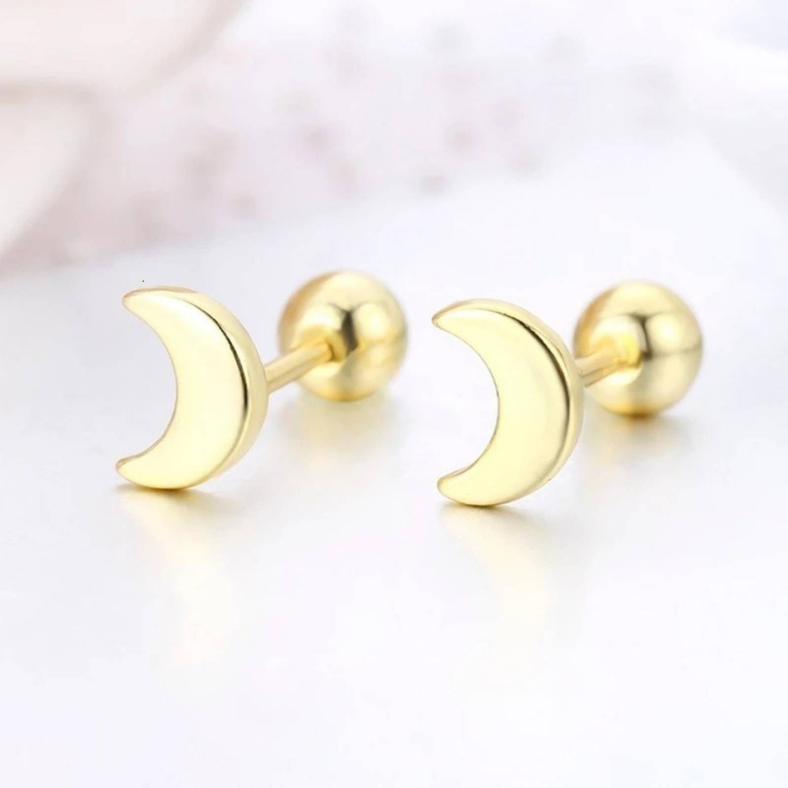 CRISTAL AMOR - Finos Aretes Broquel Luna Oro 14k Lam Bolita Niña Adulto Dorado