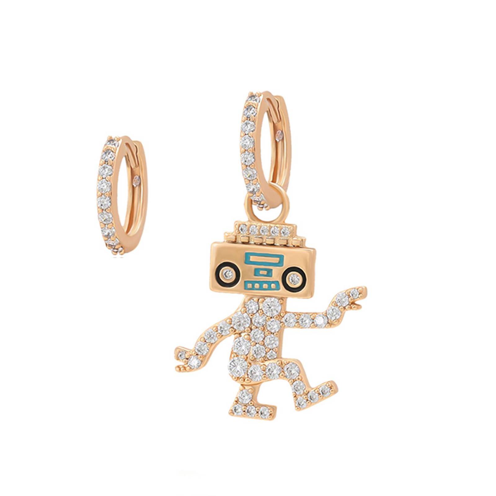 CRISTAL AMOR Aretes Arracadas Robot Bailando Con Swarovski Oro 14K Laminado 