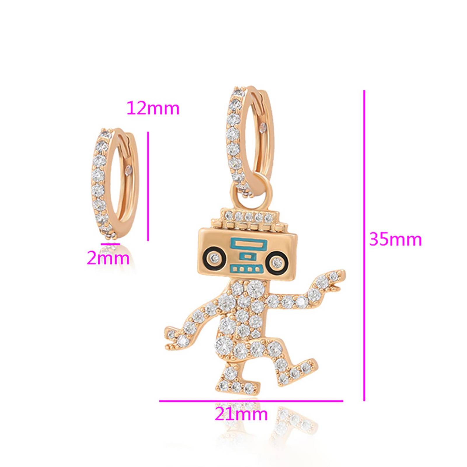 CRISTAL AMOR Aretes Arracadas Robot Bailando Con Swarovski Oro 14K Laminado 