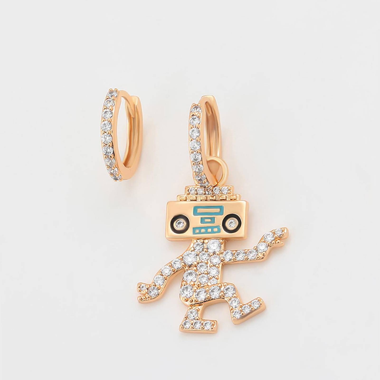 CRISTAL AMOR Aretes Arracadas Robot Bailando Con Swarovski Oro 14K Laminado 