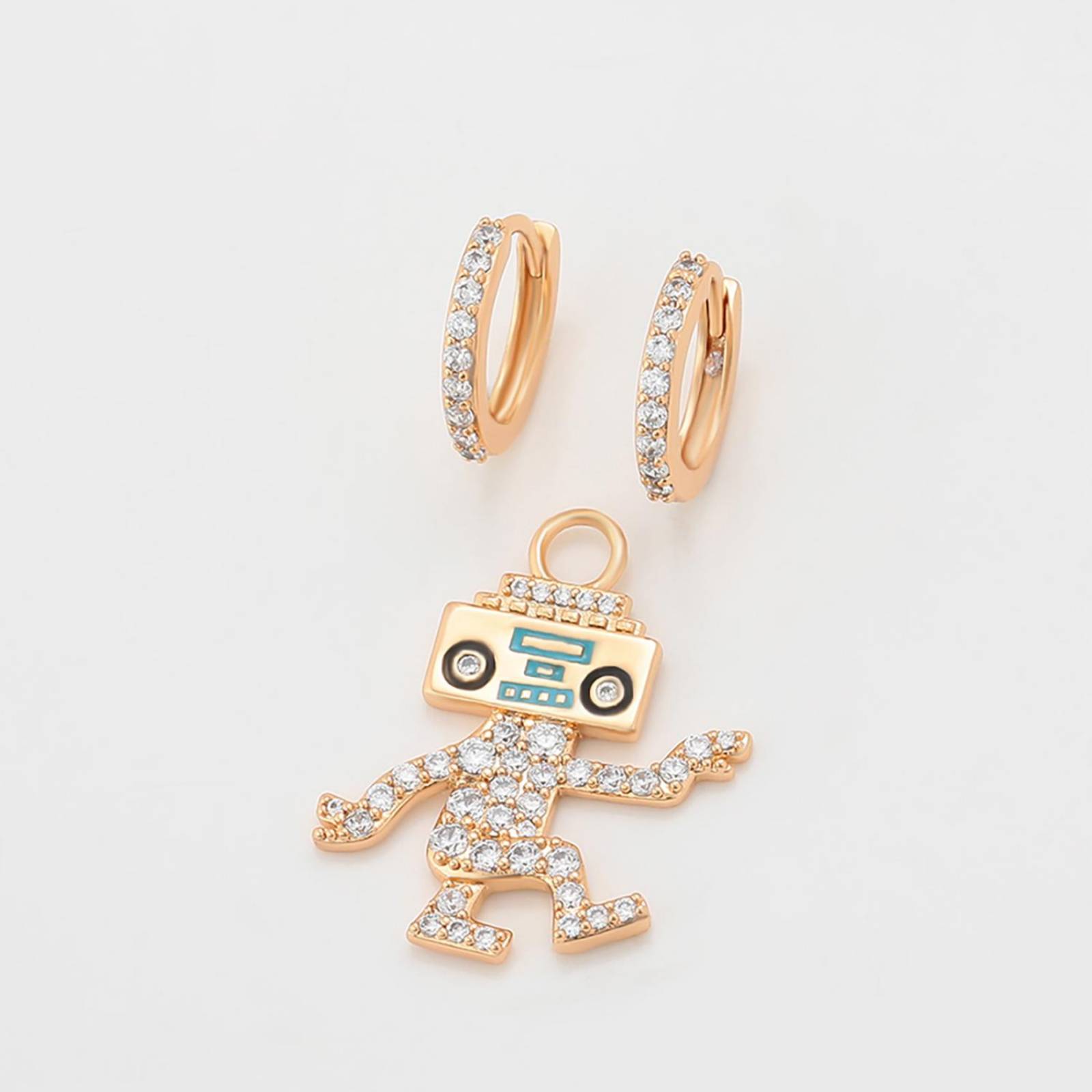 CRISTAL AMOR Aretes Arracadas Robot Bailando Con Swarovski Oro 14K Laminado 