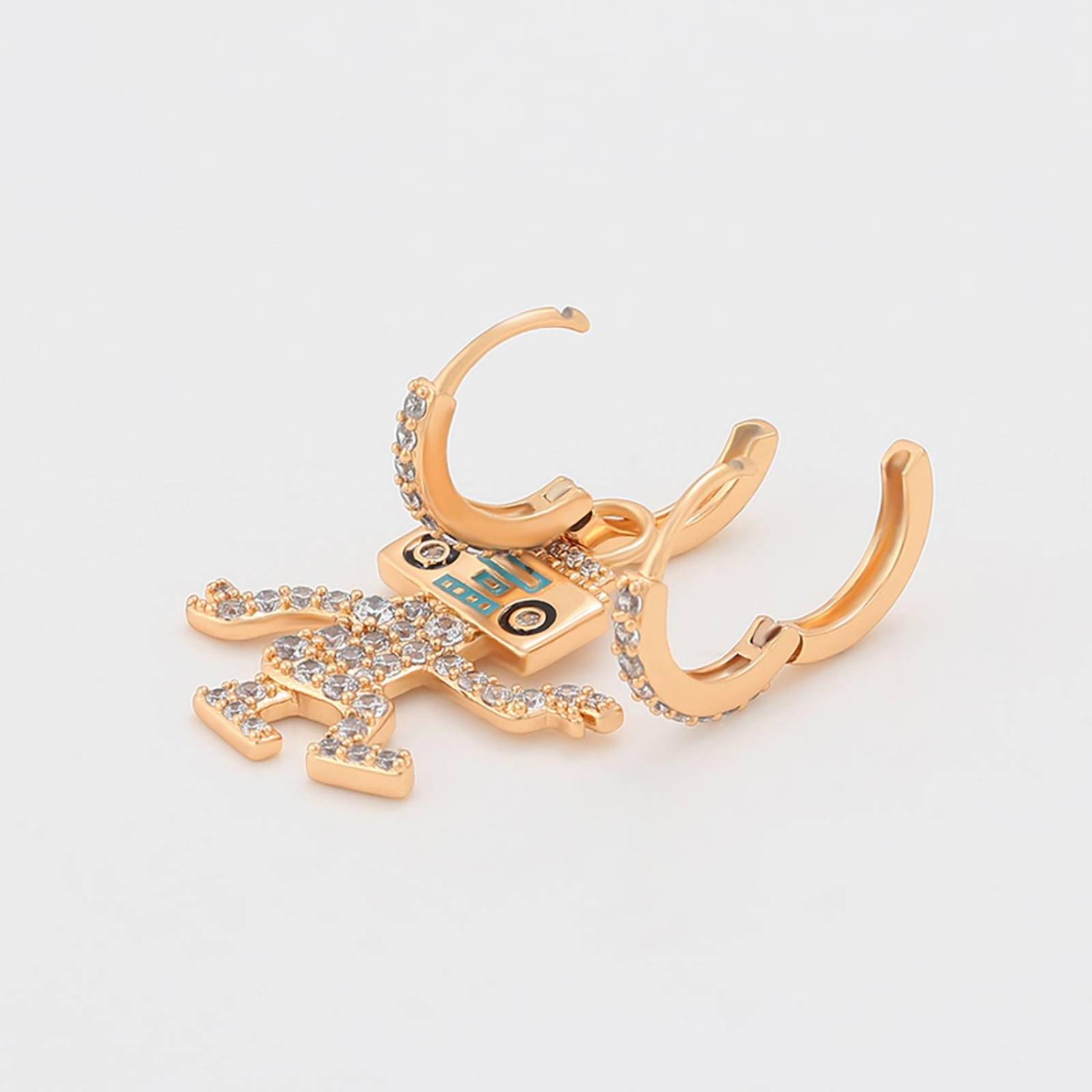 CRISTAL AMOR Aretes Arracadas Robot Bailando Con Swarovski Oro 14K Laminado 