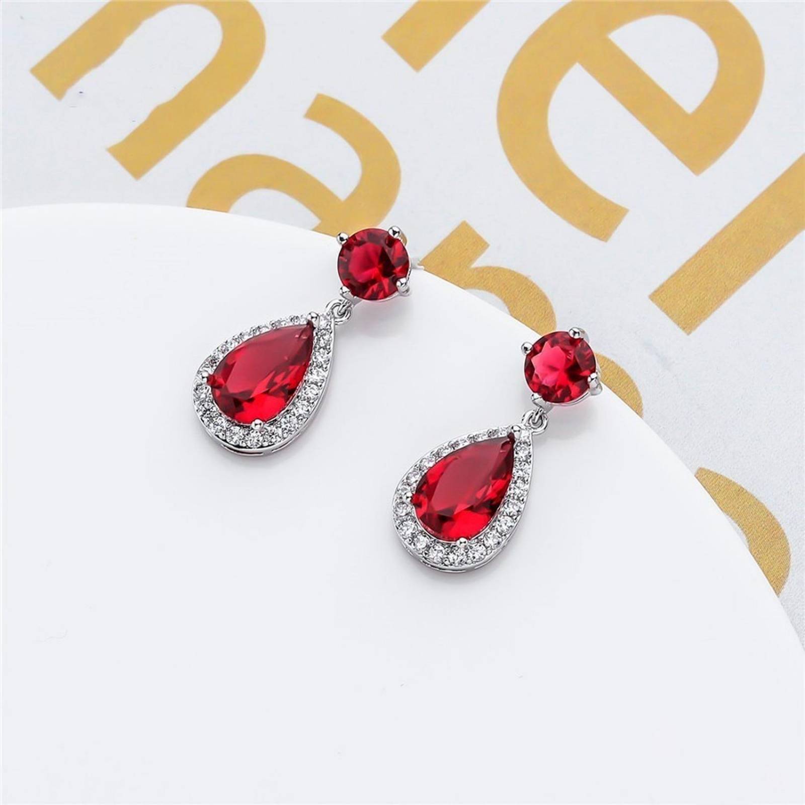 Aretes Gota Rubí Y Swarovski Vintage Oro Blanco 14k Lam 