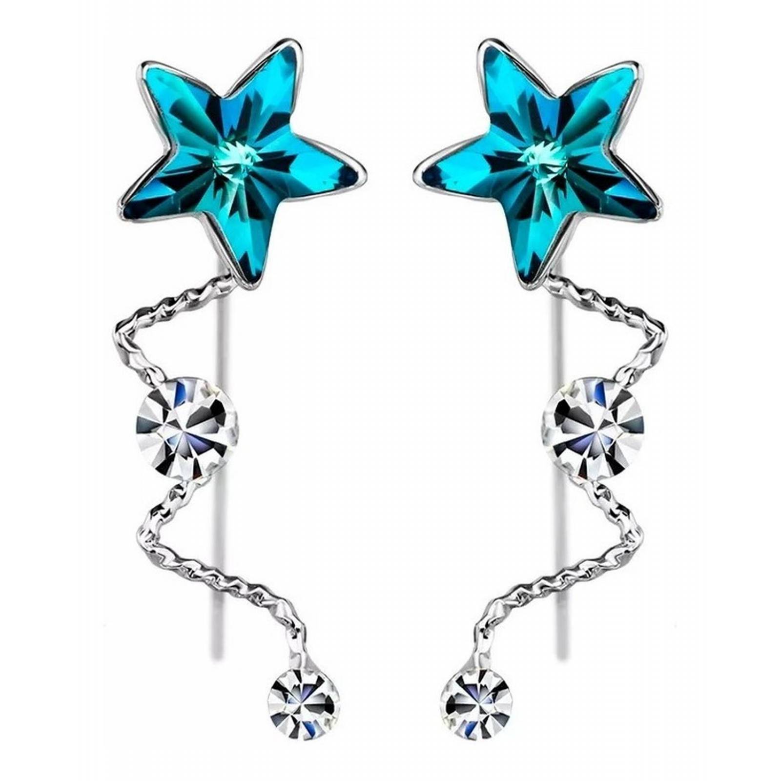 CRISTAL AMOR - Aretes Cristal Estrella Azul Oro Blanco 18k Laminado