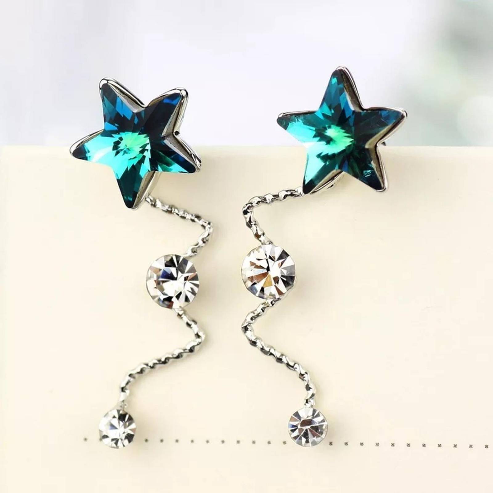 CRISTAL AMOR - Aretes Cristal Estrella Azul Oro Blanco 18k Laminado