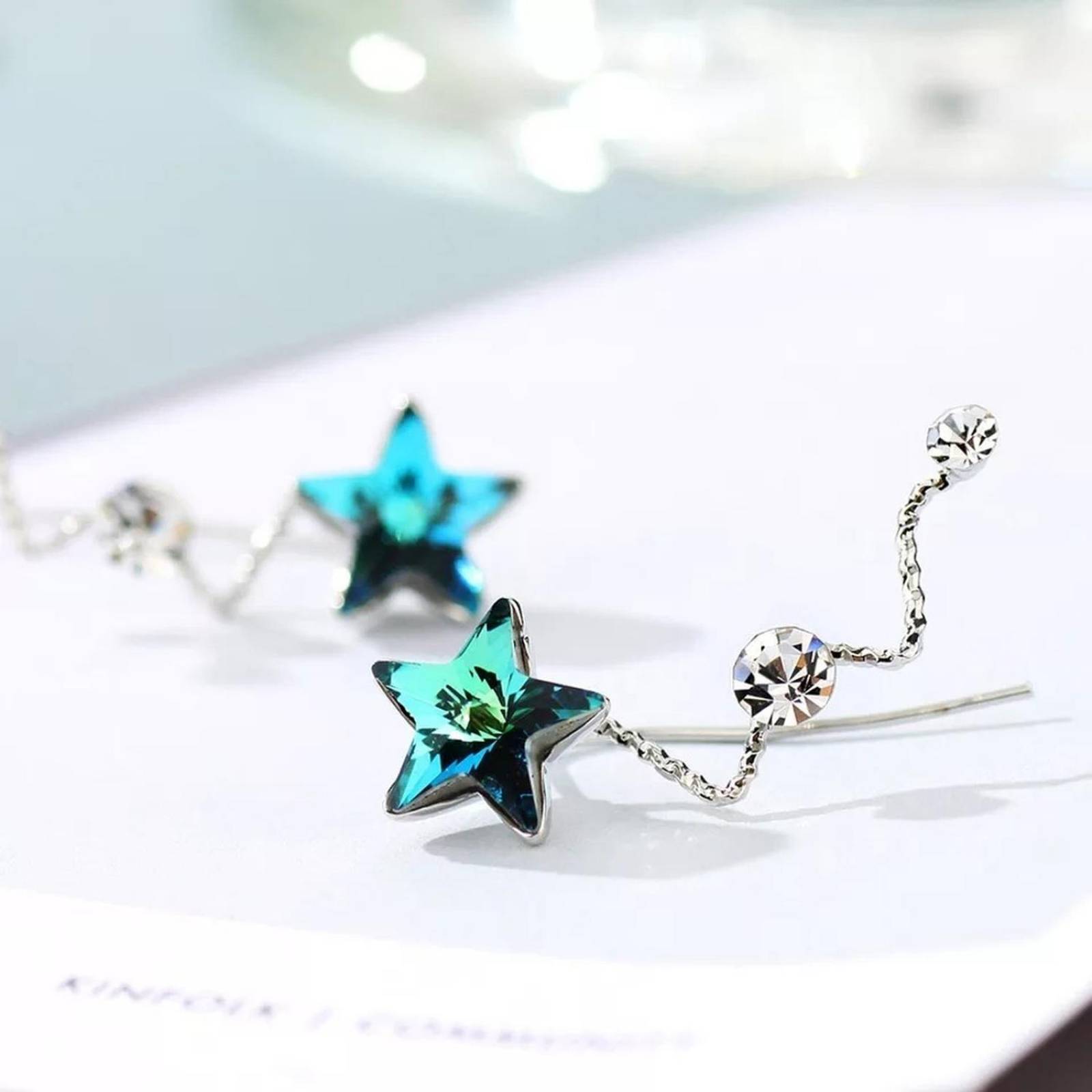 CRISTAL AMOR - Aretes Cristal Estrella Azul Oro Blanco 18k Laminado