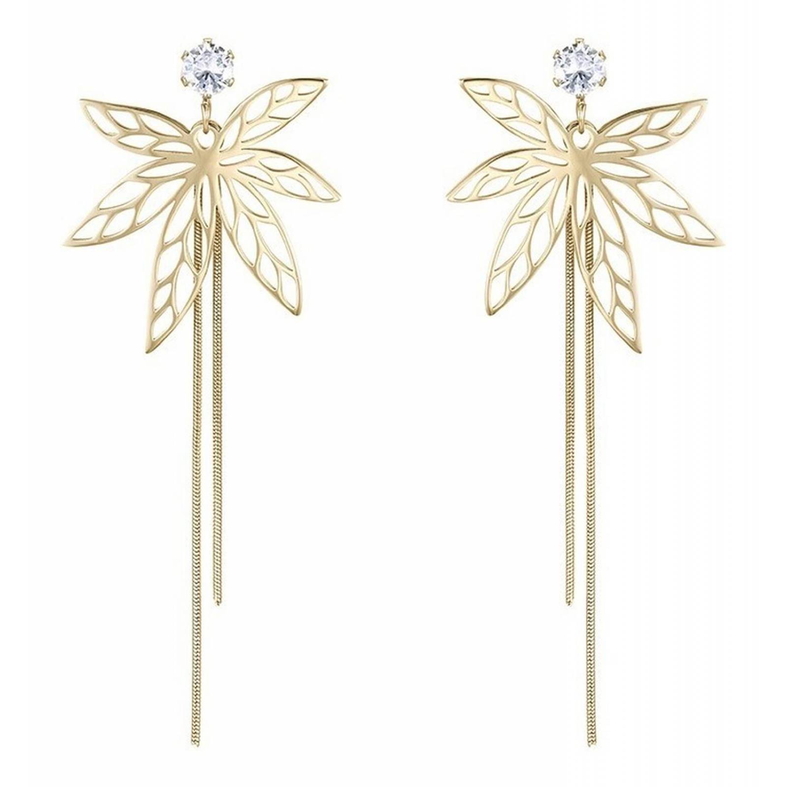 CRISTAL AMOR - Finos Aretes Largos Fiesta Hoja Con Cristal Oro 14k Laminado Dorado