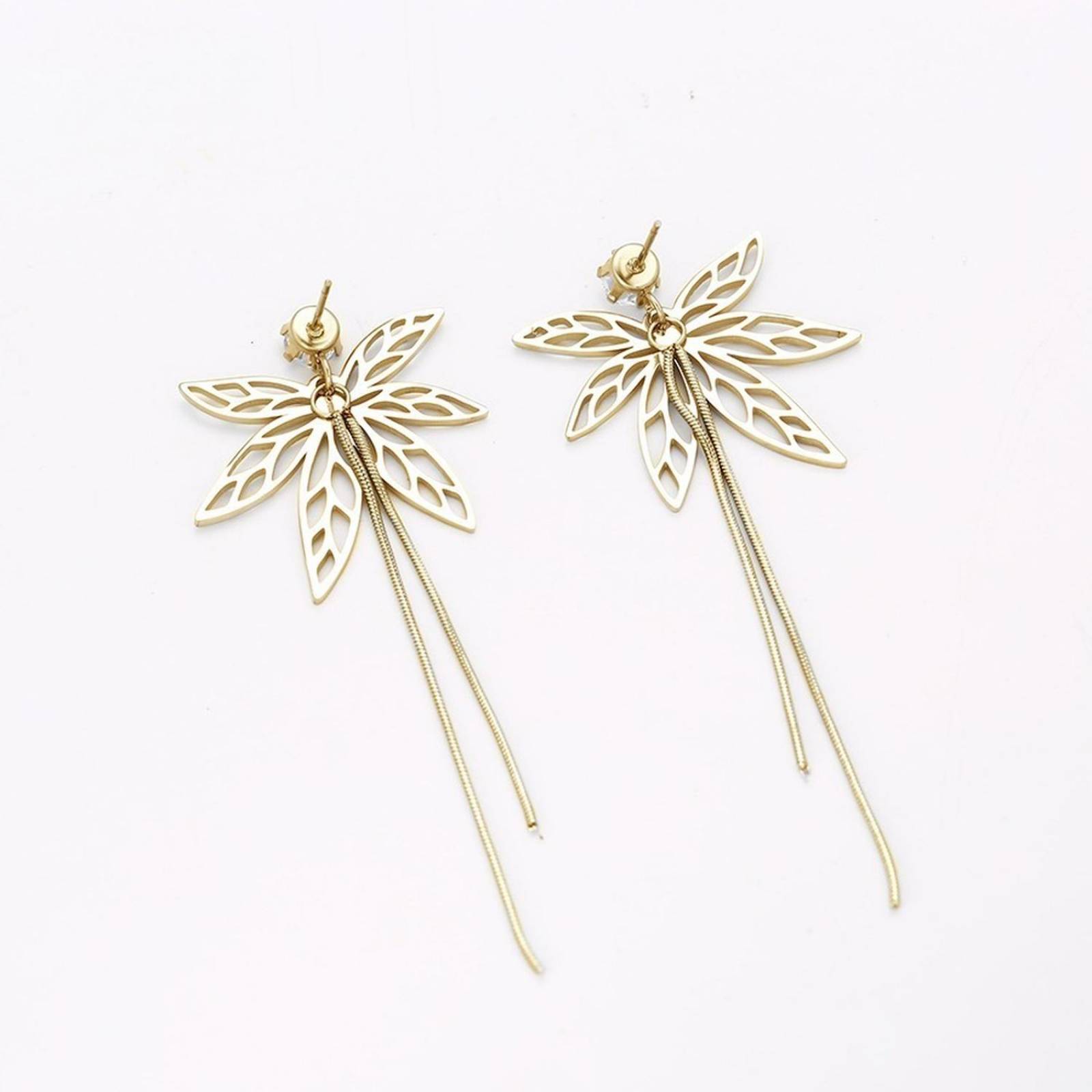 CRISTAL AMOR - Finos Aretes Largos Fiesta Hoja Con Cristal Oro 14k Laminado Dorado