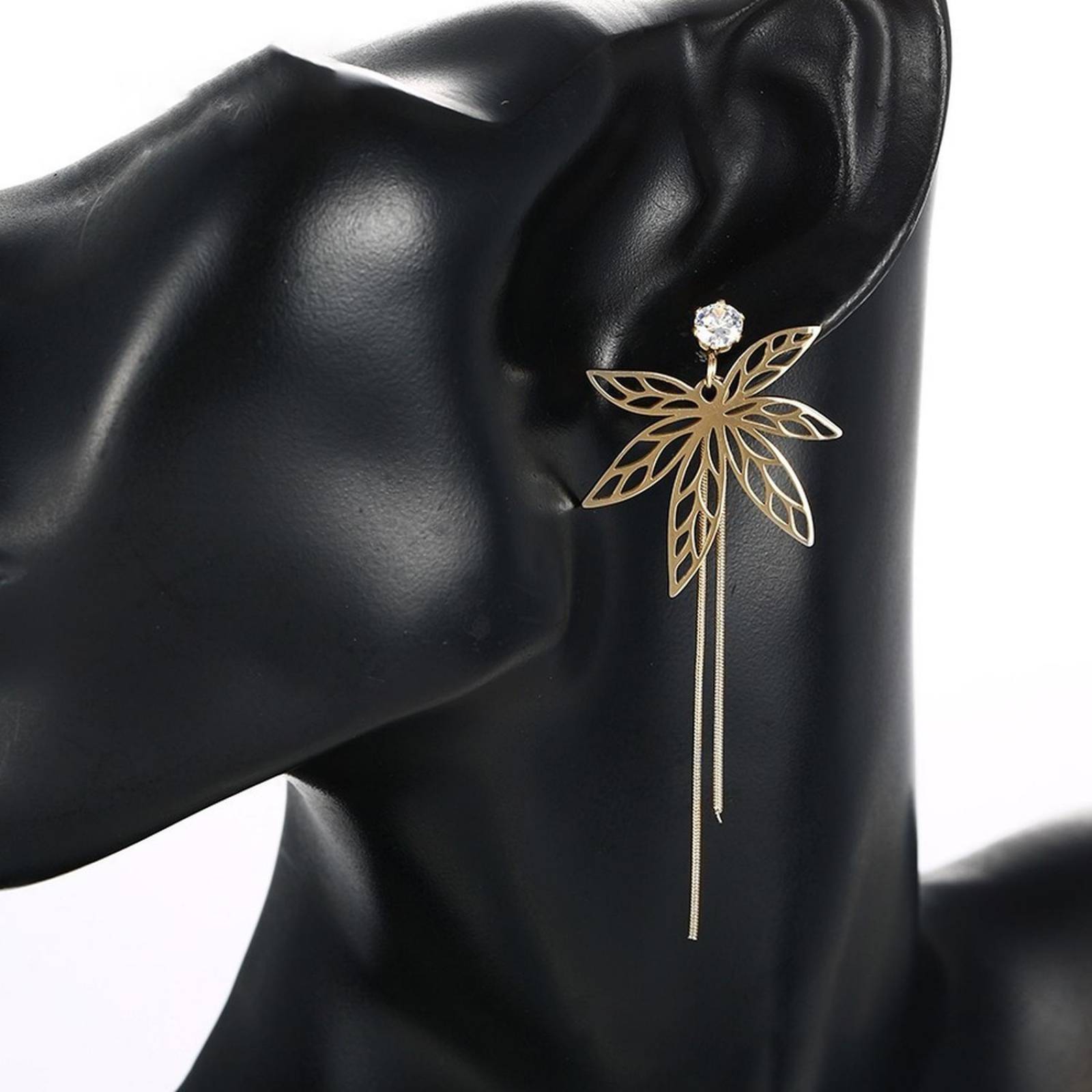 CRISTAL AMOR - Finos Aretes Largos Fiesta Hoja Con Cristal Oro 14k Laminado Dorado