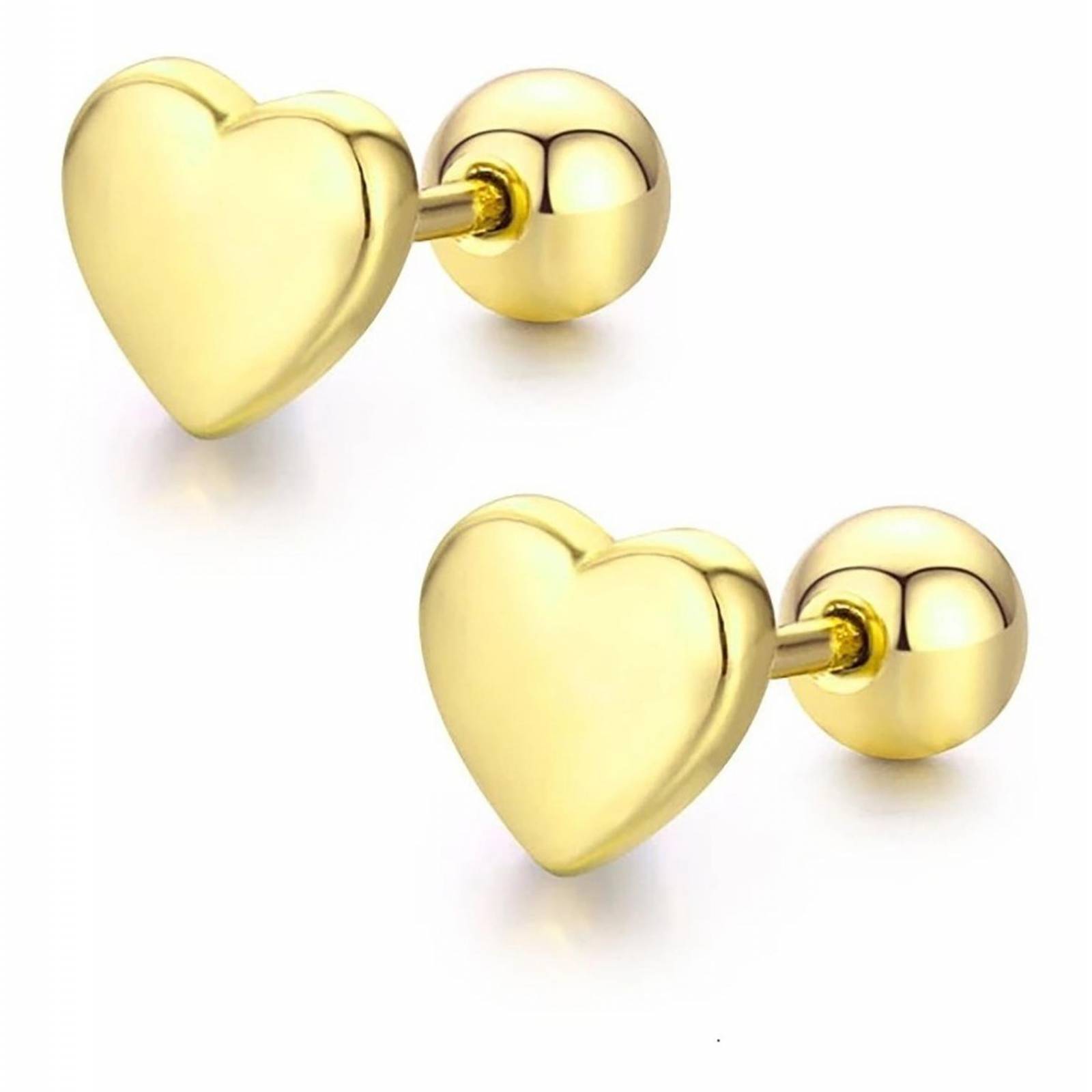 CRISTAL AMOR - Finos Aretes Broquel Corazón Oro 14k Lam Bolita Niña Adulto Dorado