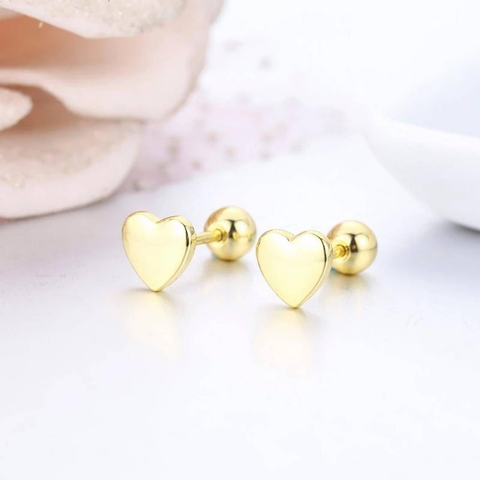 CRISTAL AMOR - Finos Aretes Broquel Corazón Oro 14k Lam Bolita Niña Adulto Dorado