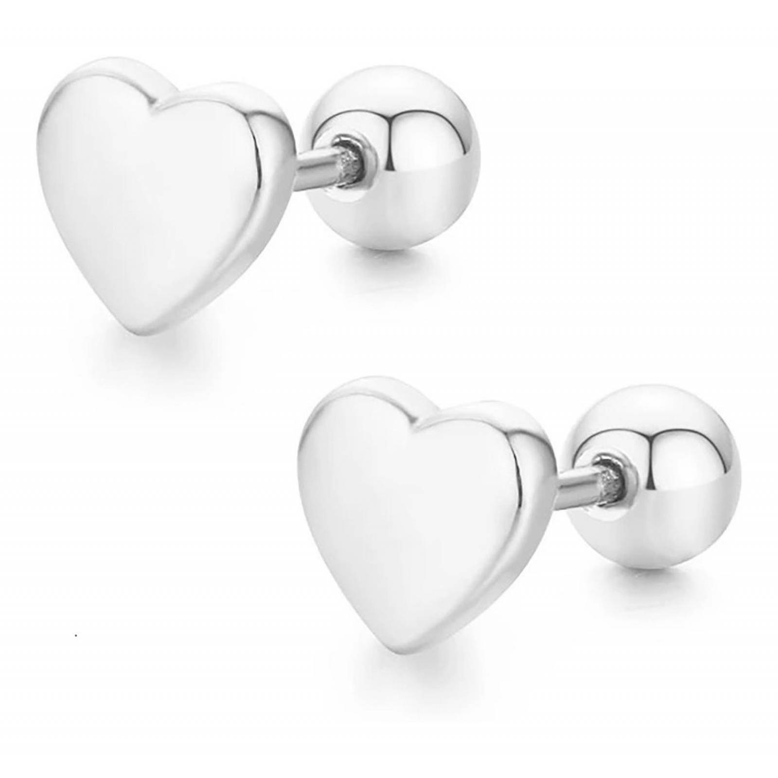 CRISTAL AMOR - Finos Aretes Broquel Corazón Oro 14k Lam Bolita Niña Adulto Plateado