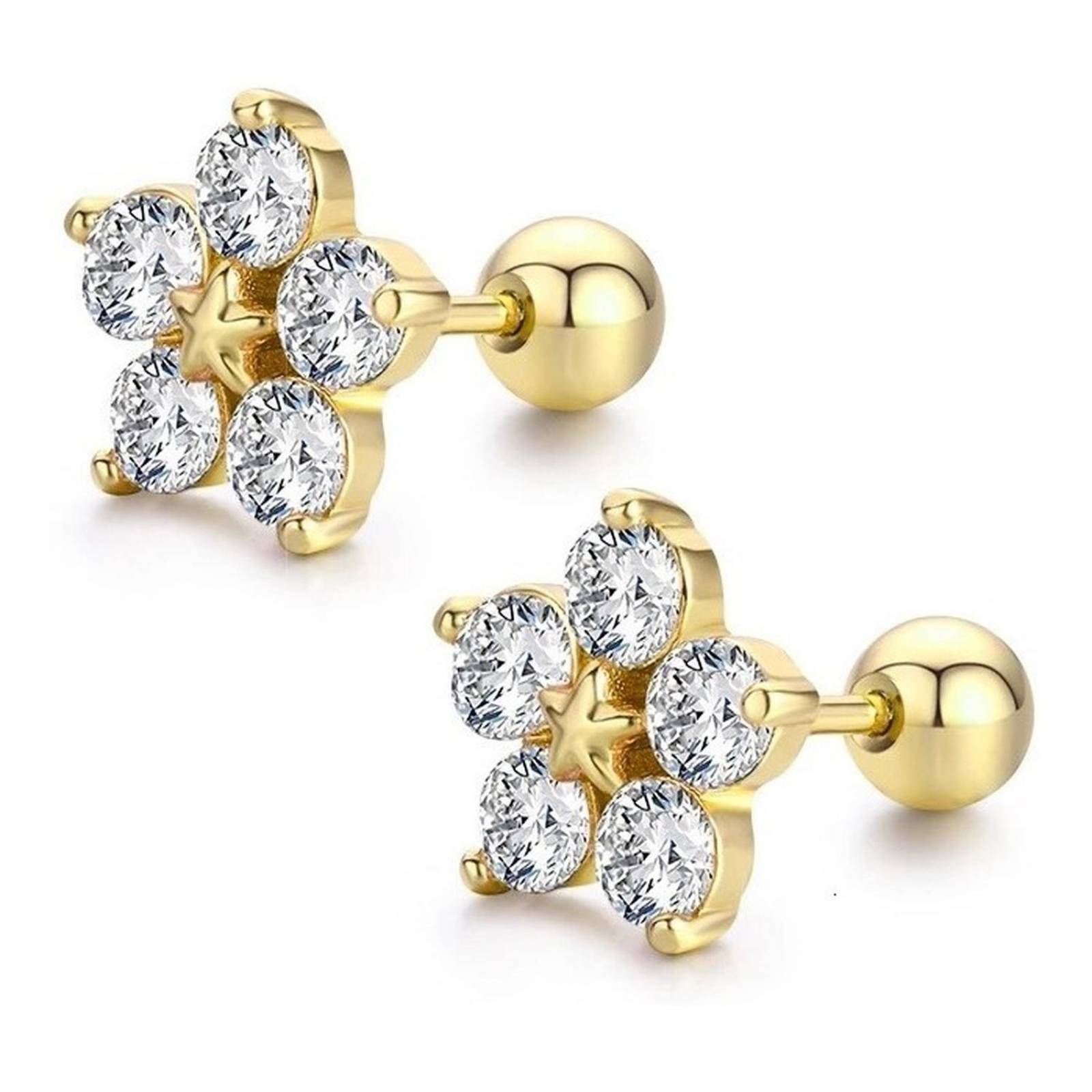 CRISTAL AMOR - Aretes Broqueles Flor Swarovski Oro 14k Lam Bolita Niña Bebé Blanco
