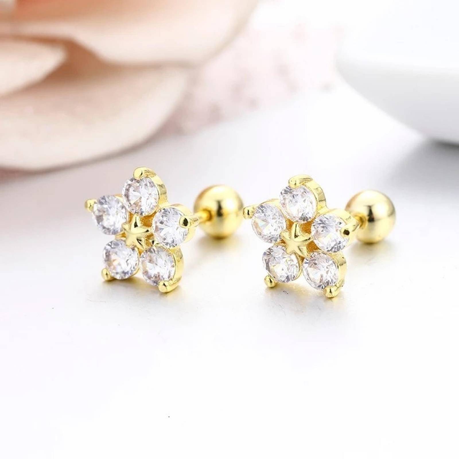 CRISTAL AMOR - Aretes Broqueles Flor Swarovski Oro 14k Lam Bolita Niña Bebé Blanco