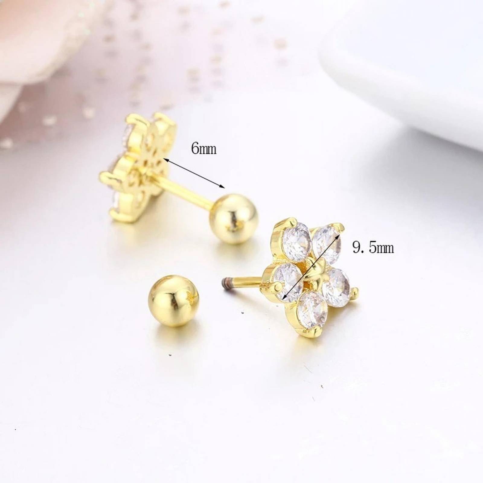 CRISTAL AMOR - Aretes Broqueles Flor Swarovski Oro 14k Lam Bolita Niña Bebé Blanco