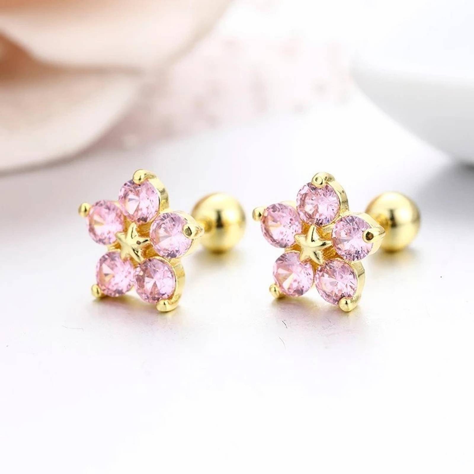 CRISTAL AMOR - Aretes Broqueles Flor Swarovski Oro 14k Lam Bolita Niña Bebé Rosa