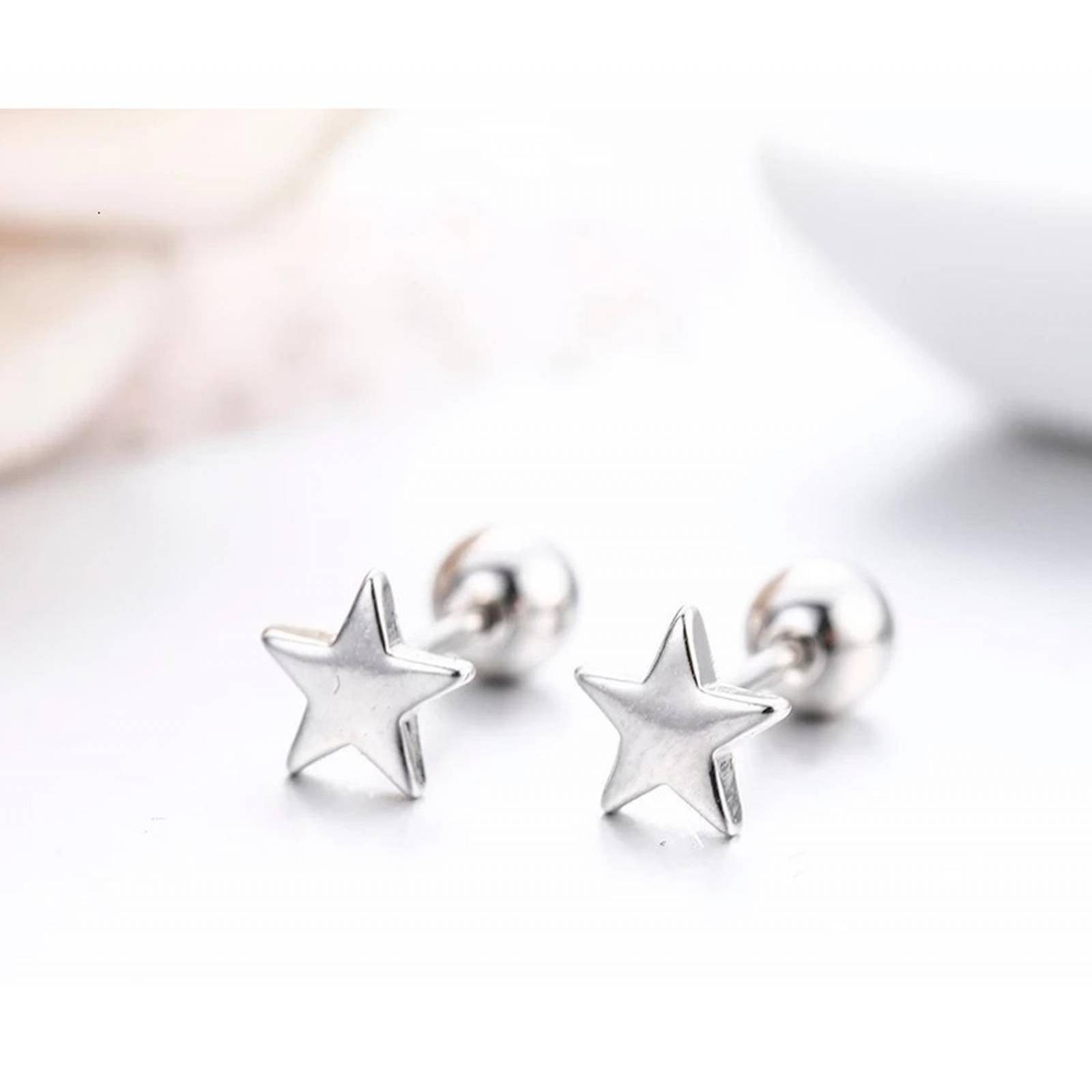 CRISTAL AMOR - Finos Aretes Broquel Estrella Oro 14k Lam Bolita Niña Adulto Plateado