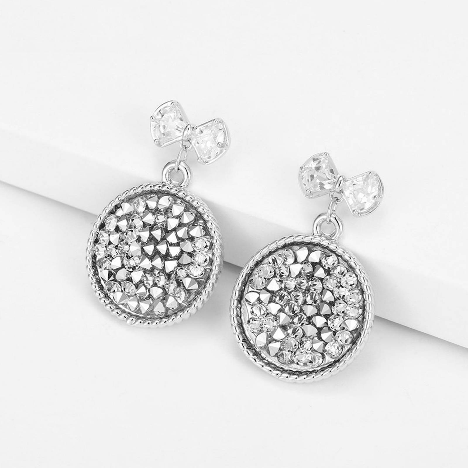 CRISTAL AMOR - Aretes Cristal Diamante Moño Colagntes Oro 14k Laminado Blanco