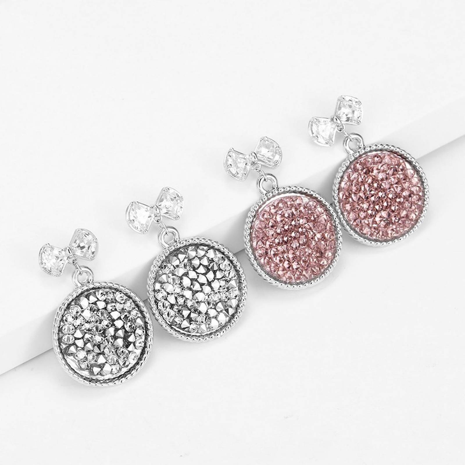 CRISTAL AMOR - Aretes Cristal Diamante Moño Colagntes Oro 14k Laminado Blanco