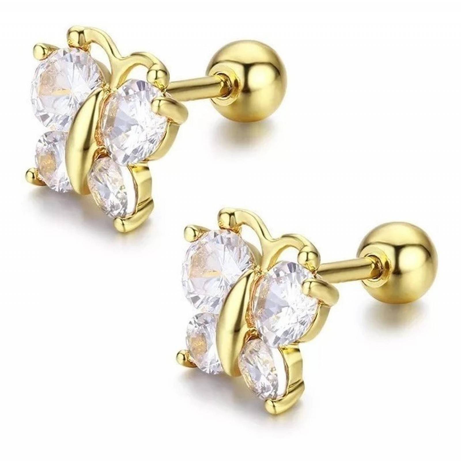 CRISTAL AMOR - Aretes Broqueles Mariposa Swarovski Oro 14k Lam Bolita Niña Blanco